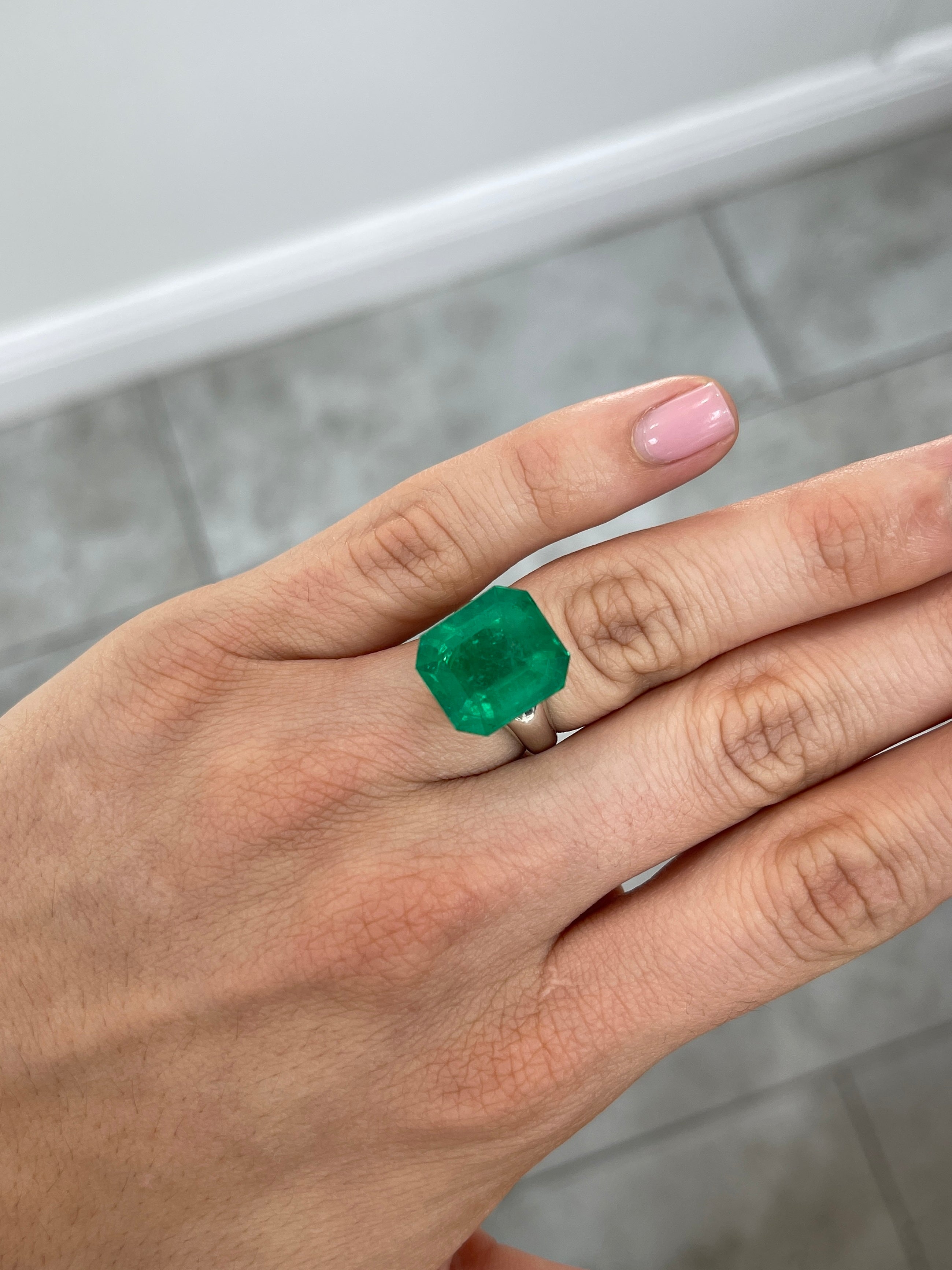 Large 13.04 carat AAA+ Colombian emerald cut loose gemstone from JR Colombian Emeralds, featuring a vibrant green hue and rectangular shape.
