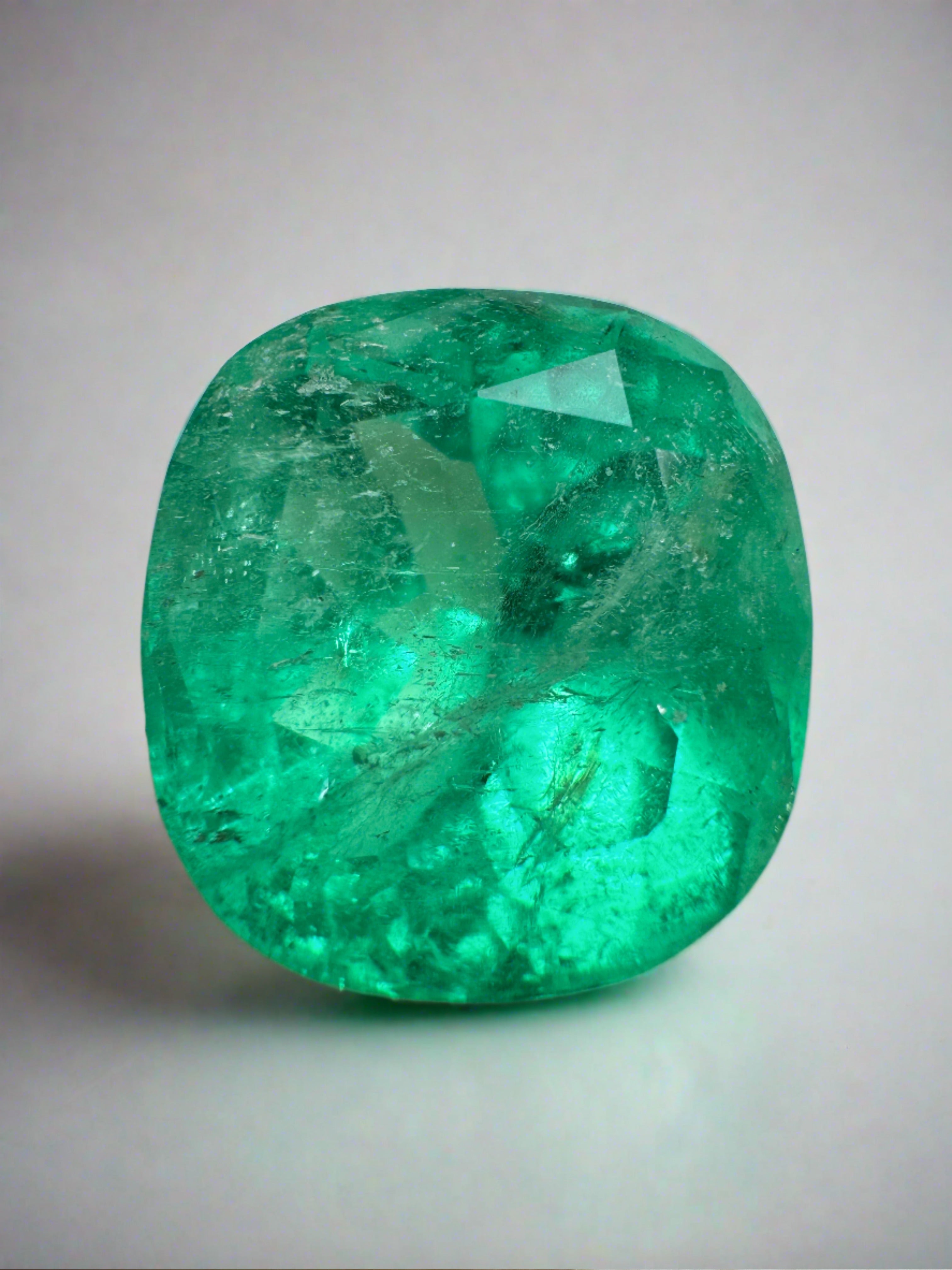 Large 13.63 carat medium green Colombian emerald cushion cut loose gemstone from JR Colombian Emeralds.