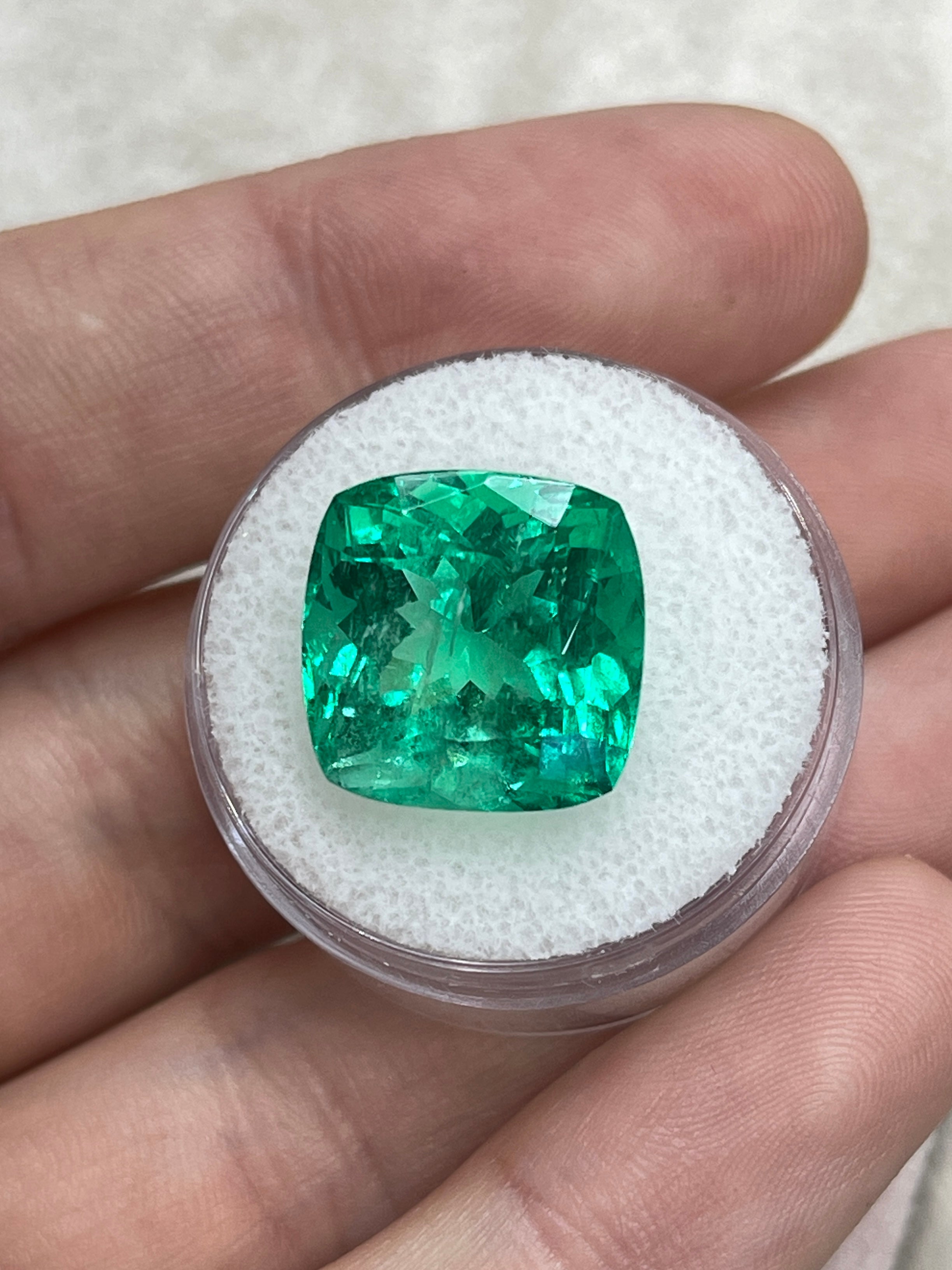 Large 13.88 carat bluish green cushion cut Colombian emerald, loose, ethically mined, from JR Colombian Emeralds.
