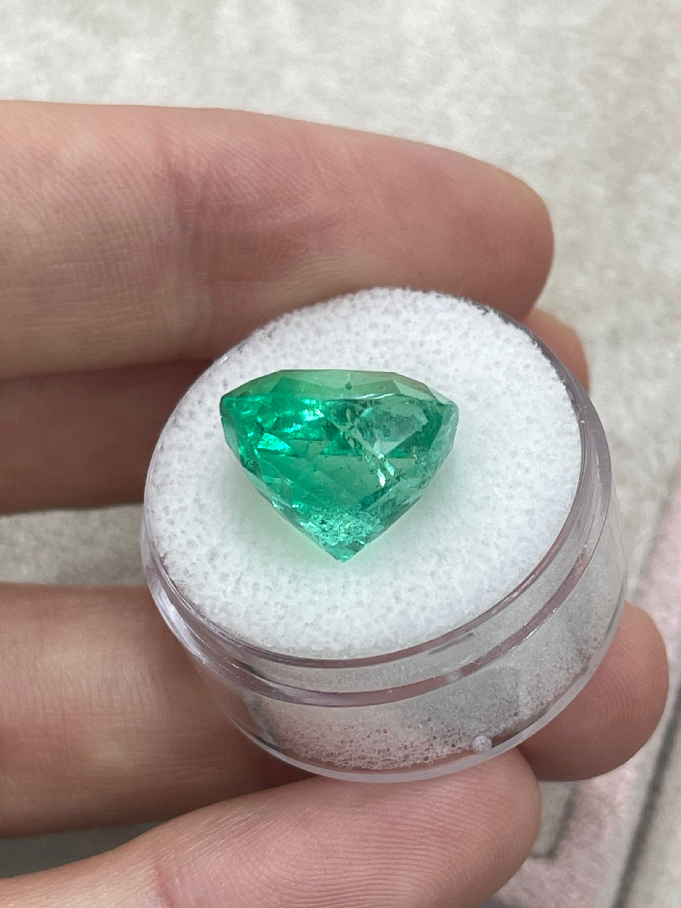 Large 13.88 Carat 14x14 Vivacious Bluish Green Cushion Cut Loose Colombian Emerald- Ethically Mined Emerald - JR Colombian Emeralds
