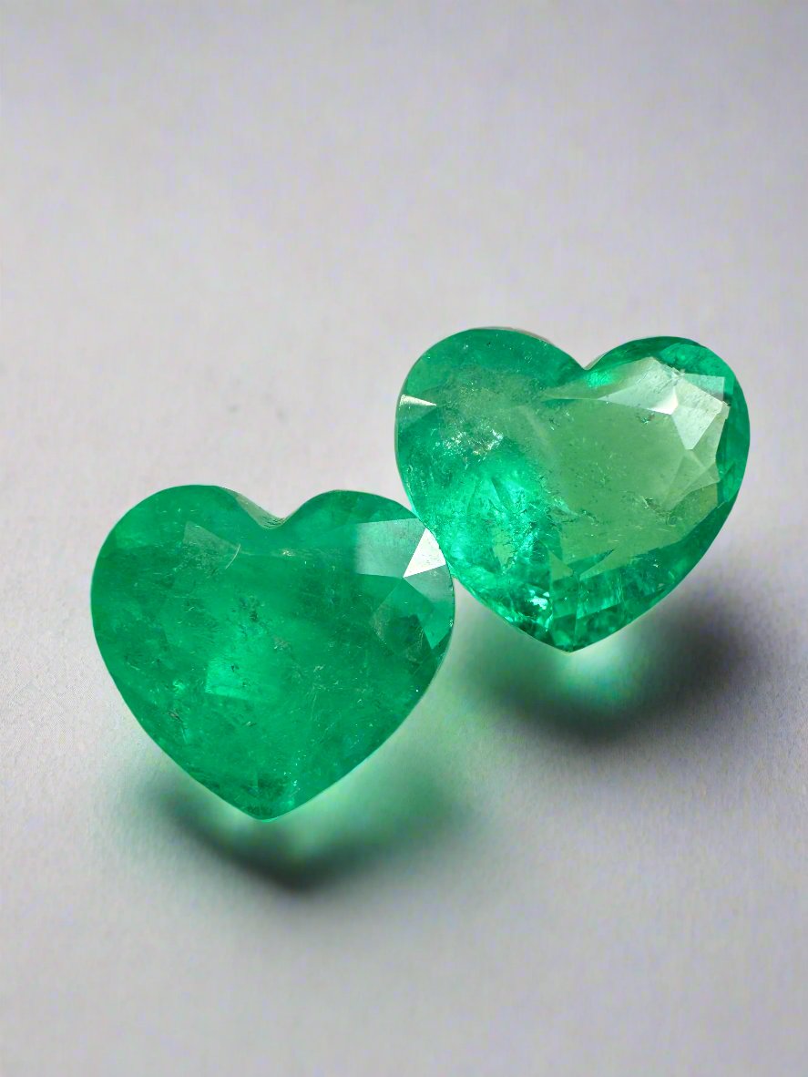 Large 14.61tcw 12x13.5 Matching Emerald Hearts Yellowish Green Natural Colombian Emeralds - JR Colombian Emeralds