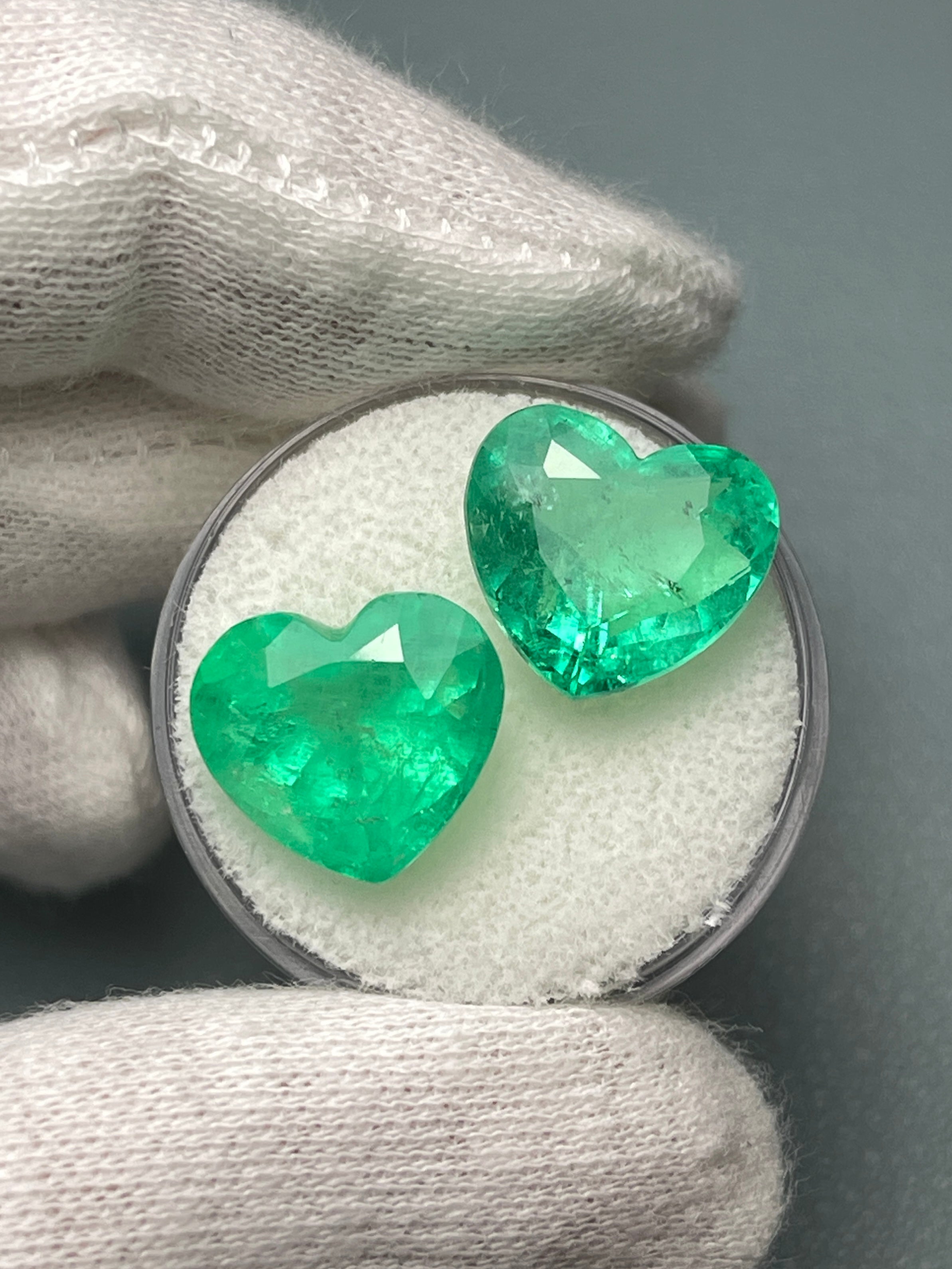 Large 14.61tcw 12x13.5 Matching Emerald Hearts Yellowish Green Natural Colombian Emeralds - JR Colombian Emeralds