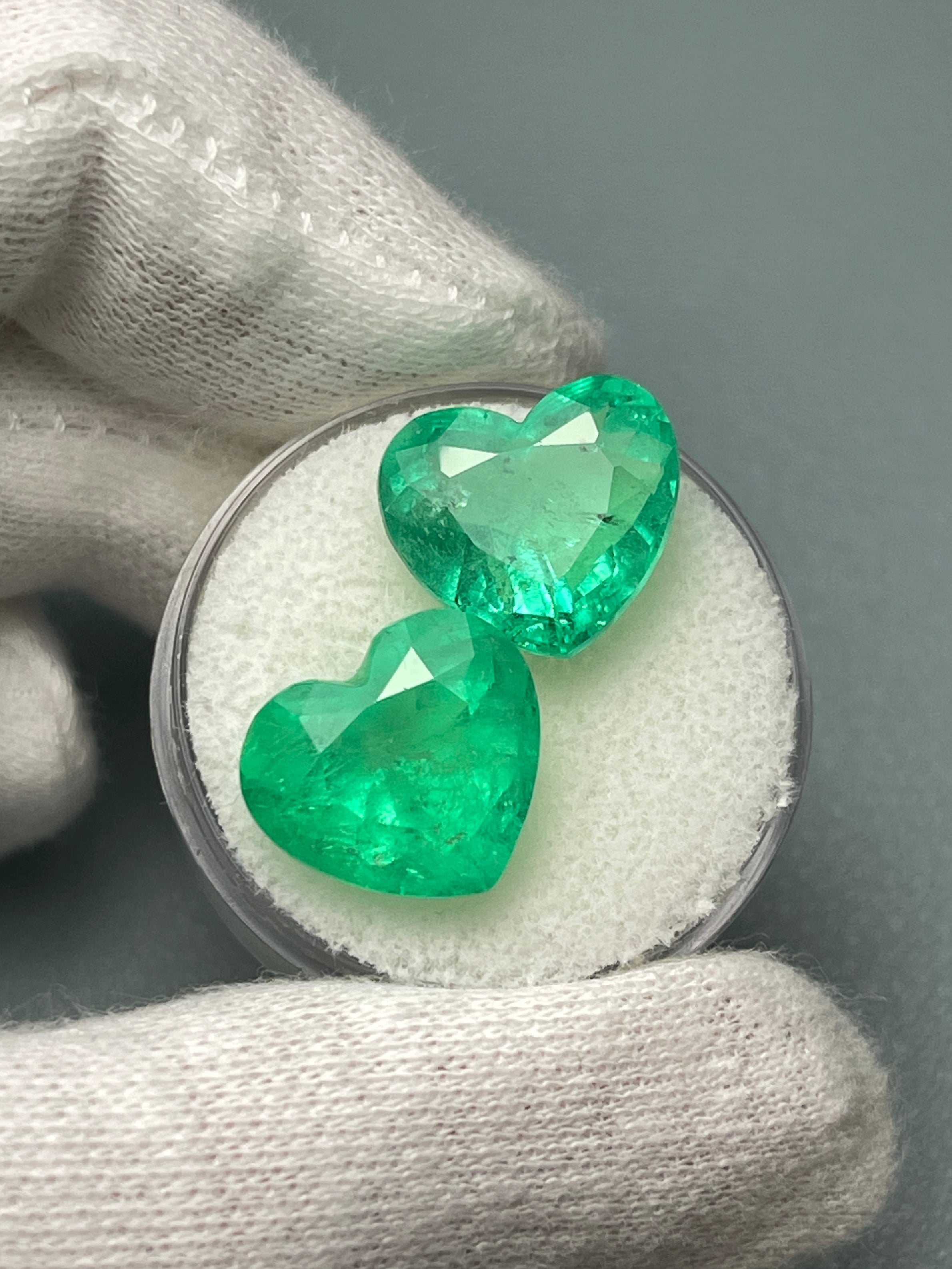 Large 14.61tcw 12x13.5 Matching Emerald Hearts Yellowish Green Natural Colombian Emeralds - JR Colombian Emeralds