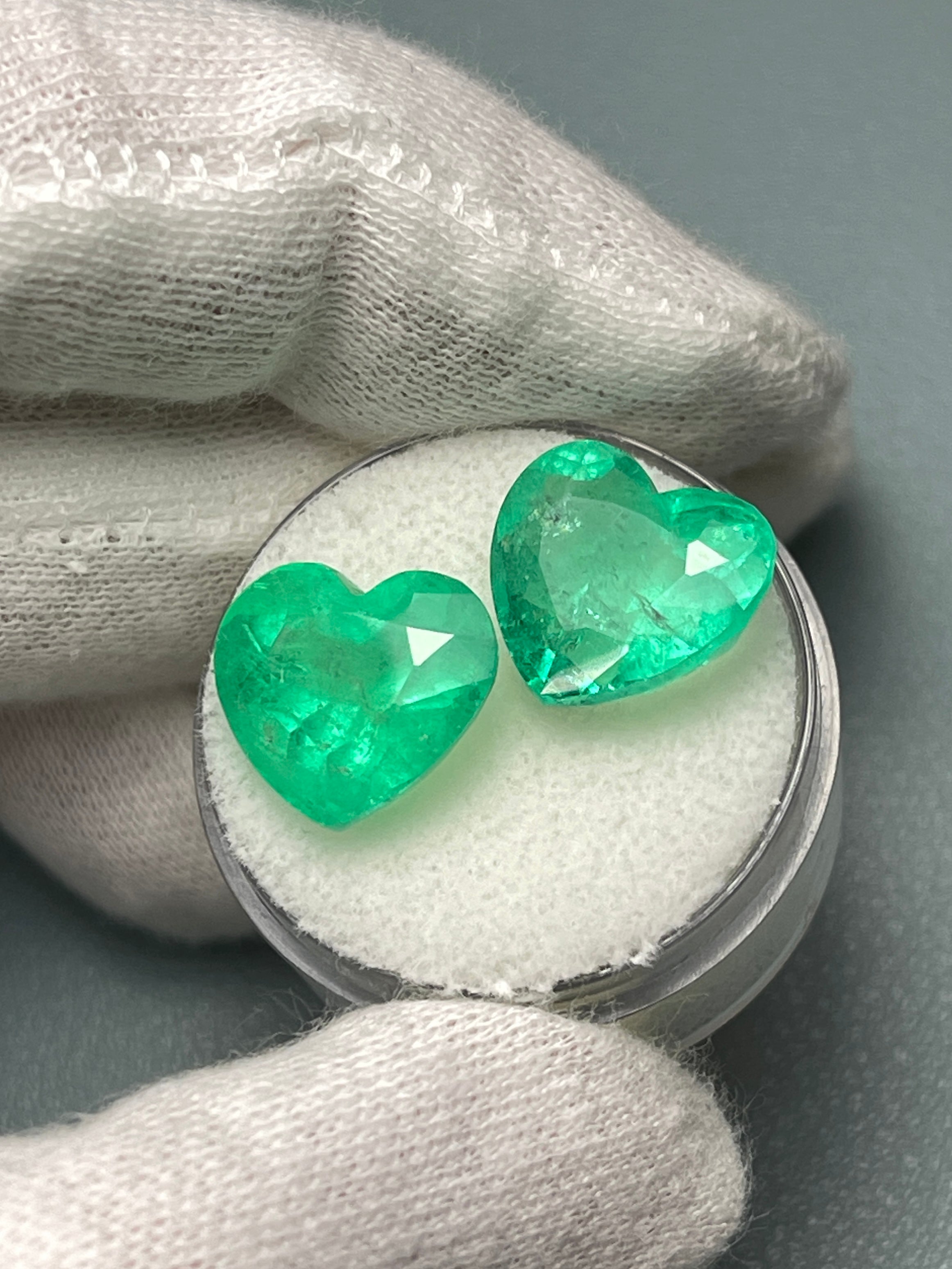 Large 14.61tcw 12x13.5 Matching Emerald Hearts Yellowish Green Natural Colombian Emeralds - JR Colombian Emeralds