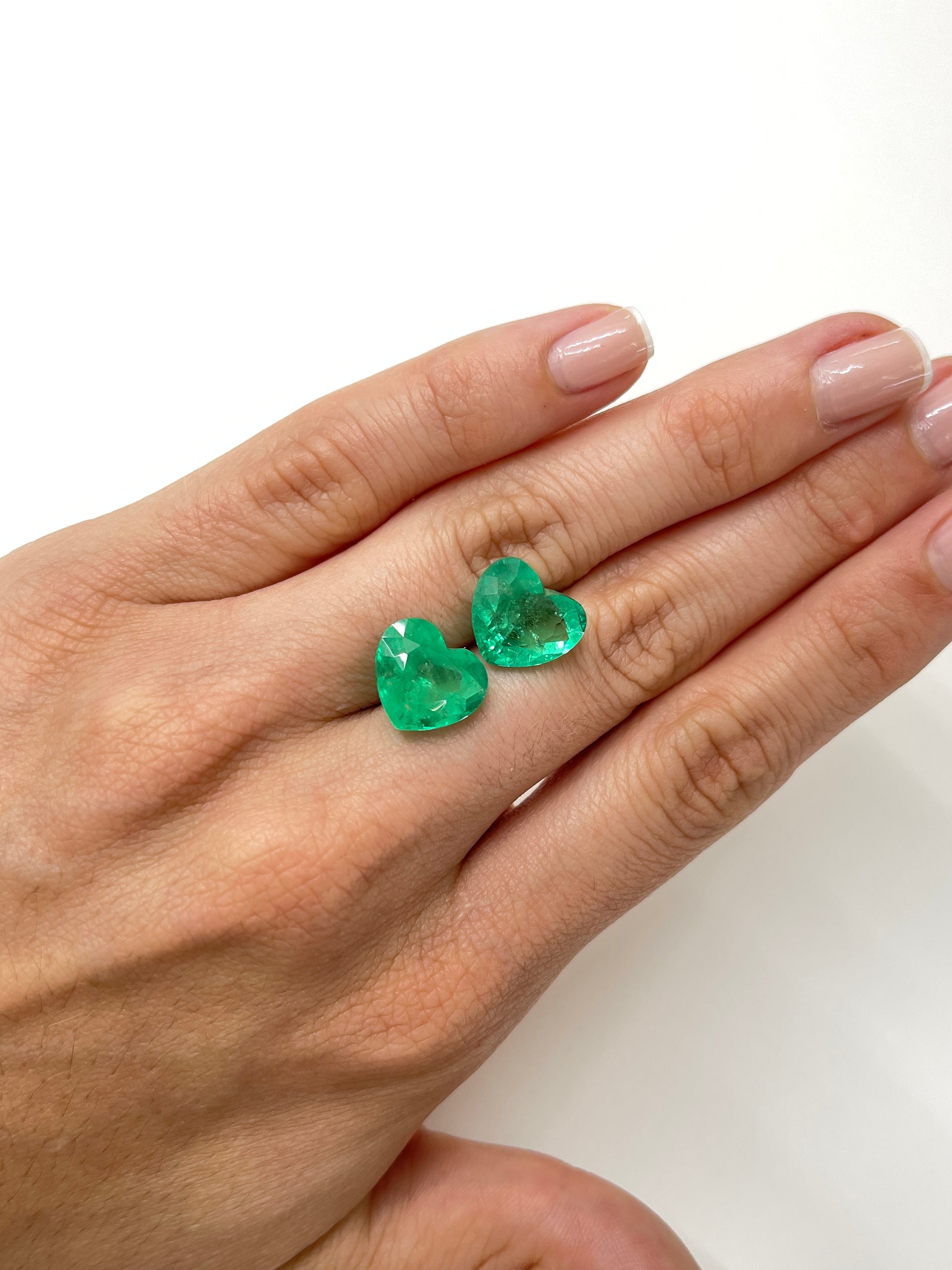 Large 14.61tcw 12x13.5 Matching Emerald Hearts Yellowish Green Natural Colombian Emeralds - JR Colombian Emeralds