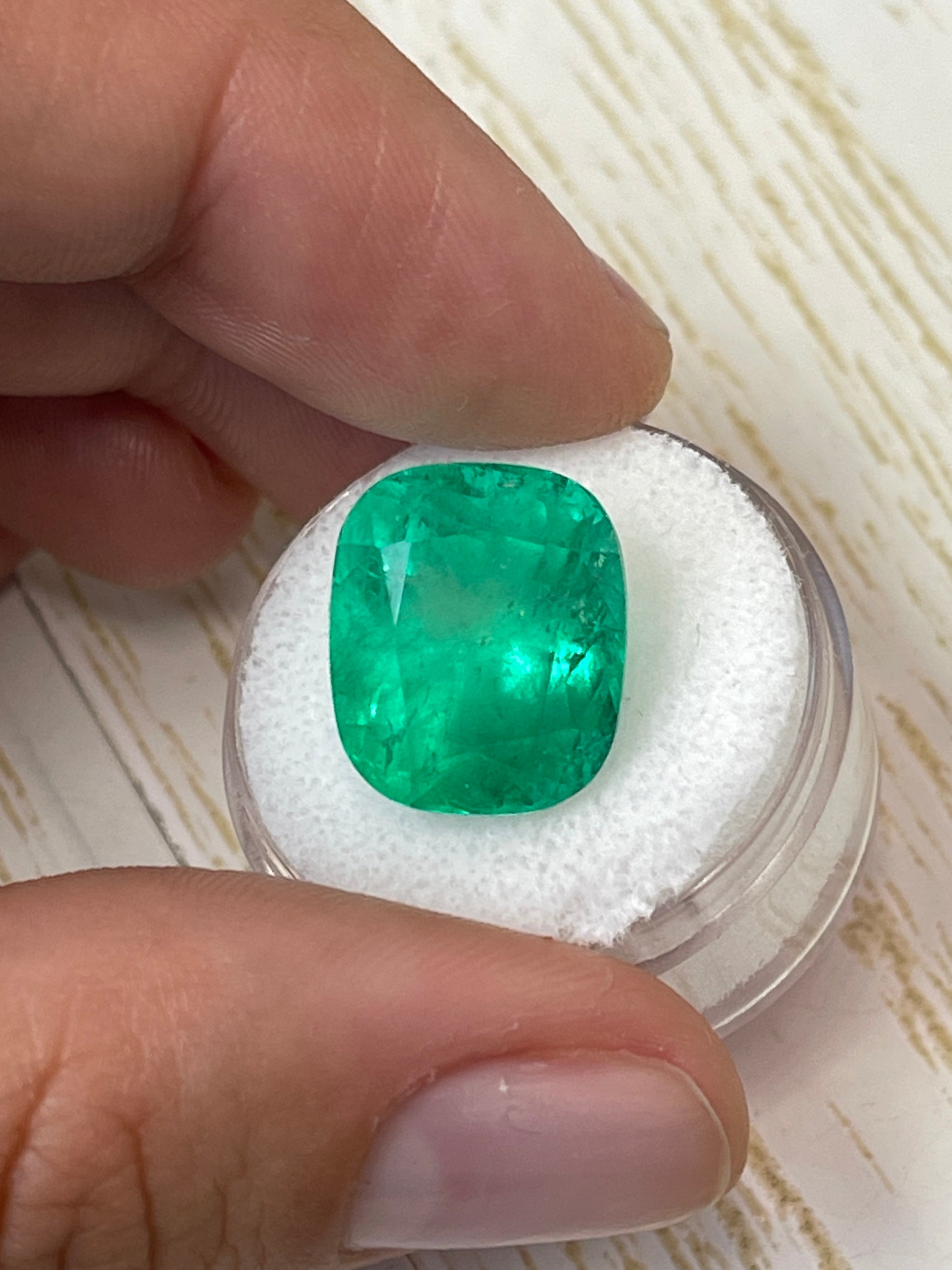 Large 14.88 ct natural Colombian emerald cushion cut gemstone from JR Colombian Emeralds, 16x13 mm bright green jewel.
