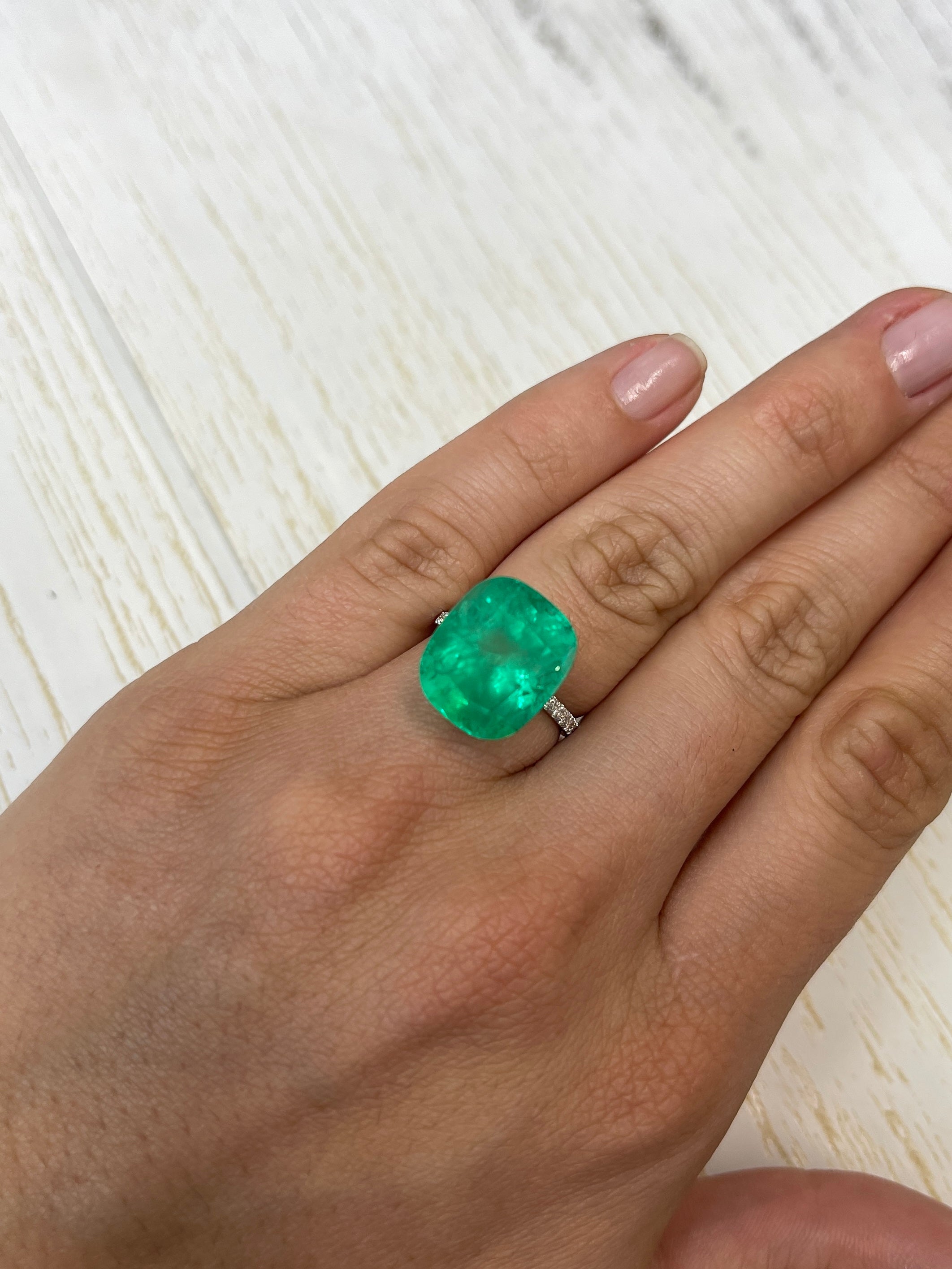 Large 14.88 ct natural Colombian Emerald cushion cut gemstone, 16x13mm from JR Colombian Emeralds.