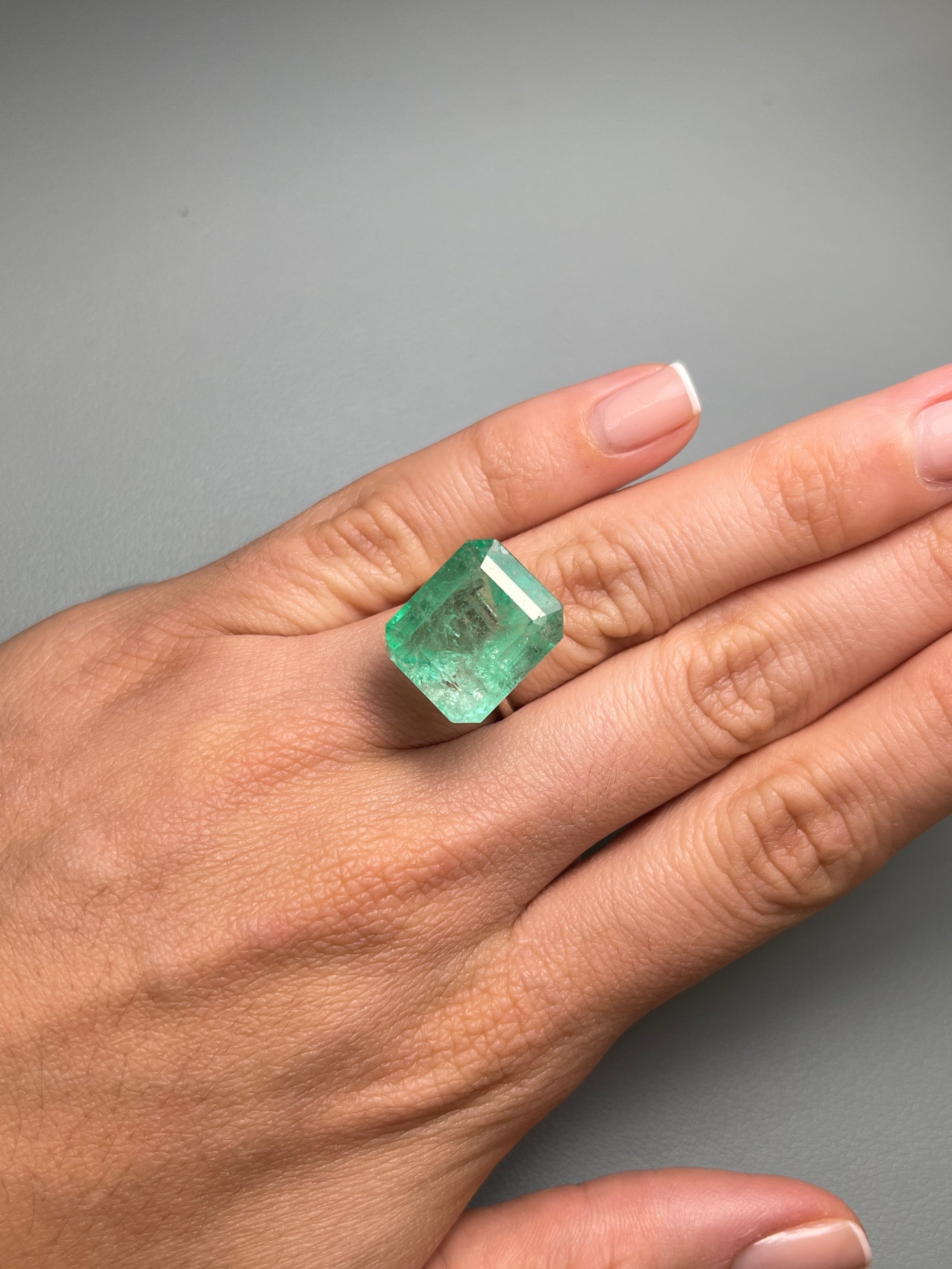 Large 17.64 Carat 17x14.5 Earthy Medium Loose Colombian Emerald- Emerald Cut - JR Colombian Emeralds