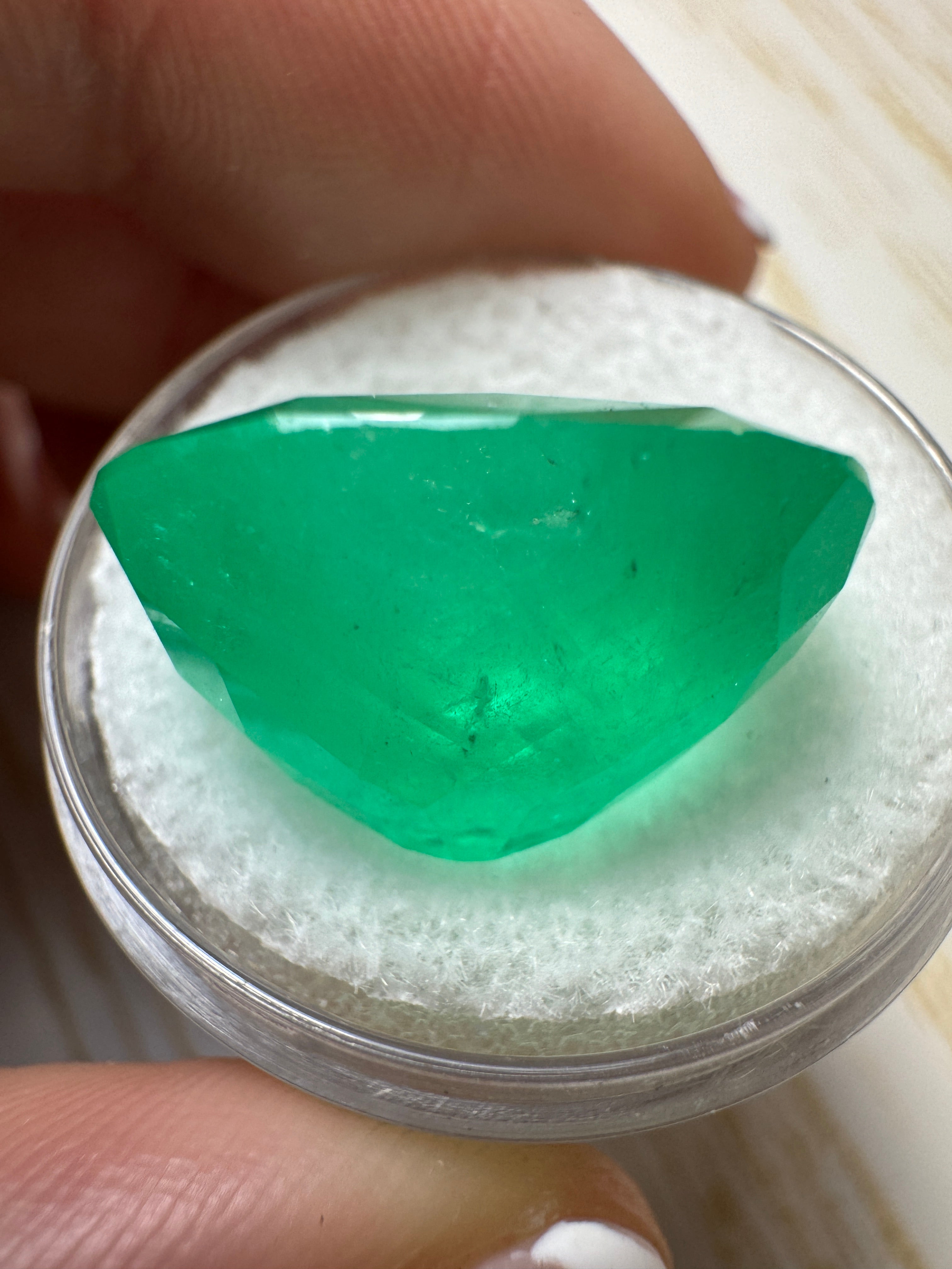 Large 19.63 carat natural Colombian emerald, cushion cut, chunky green gemstone, from JR Colombian Emeralds.