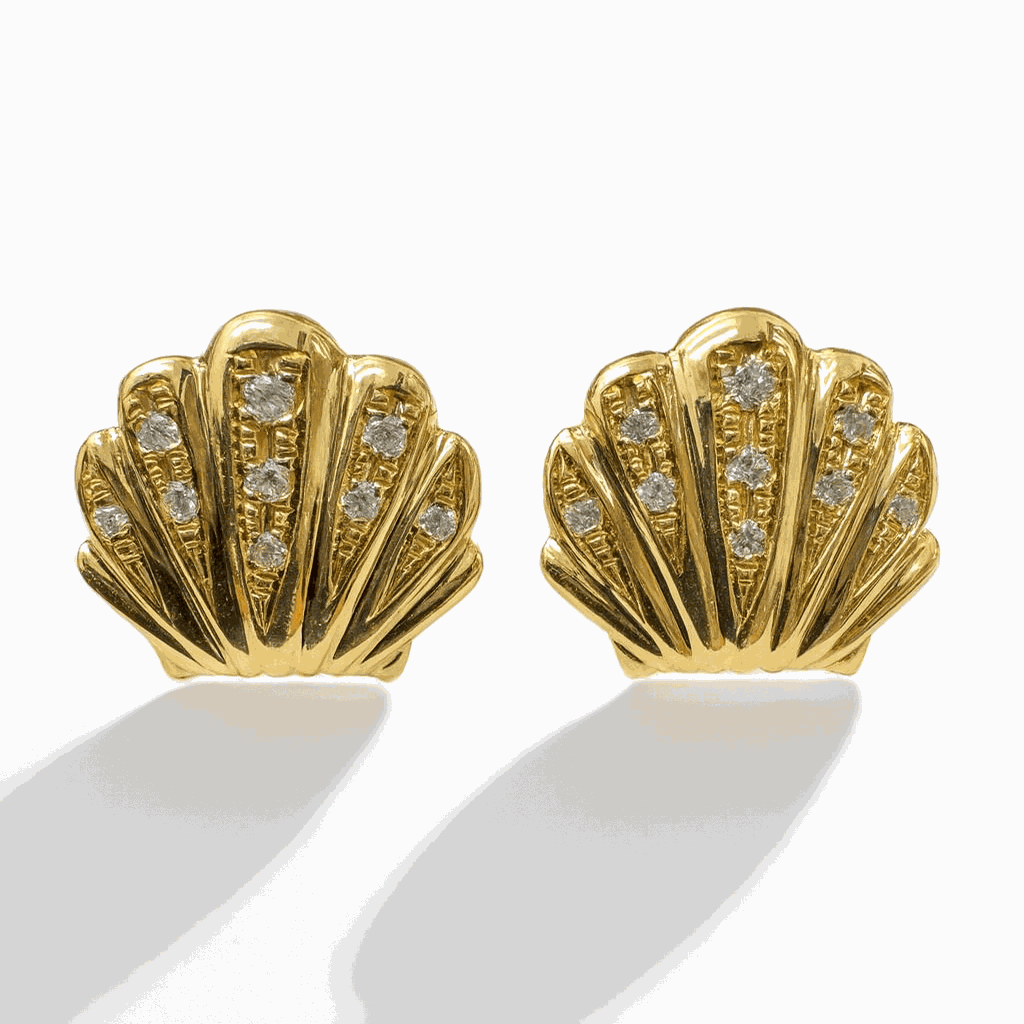 18K yellow gold seashell stud earrings with natural diamonds