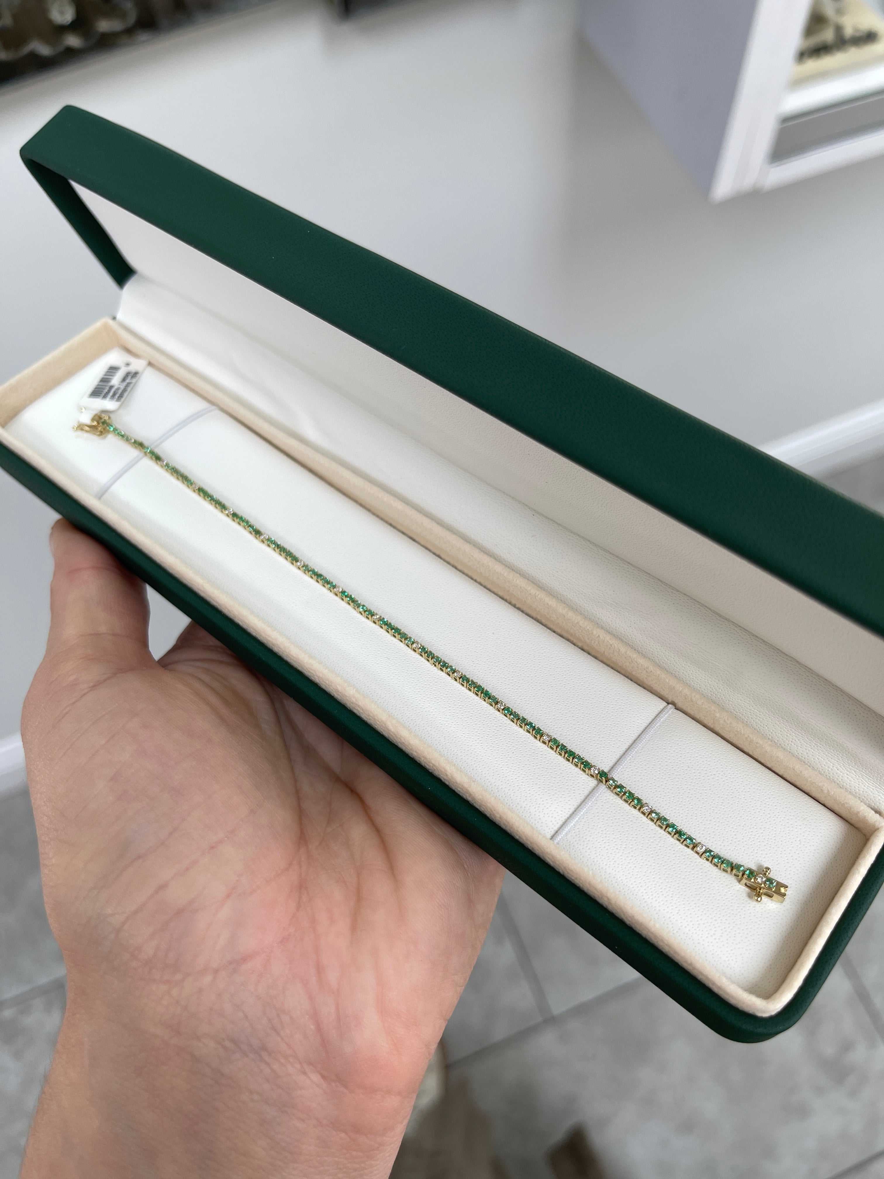 Petite 1.14tcw Emerald & Diamond Tennis Bracelet 14K Yellow Gold- 7 Inches - JR Colombian Emeralds