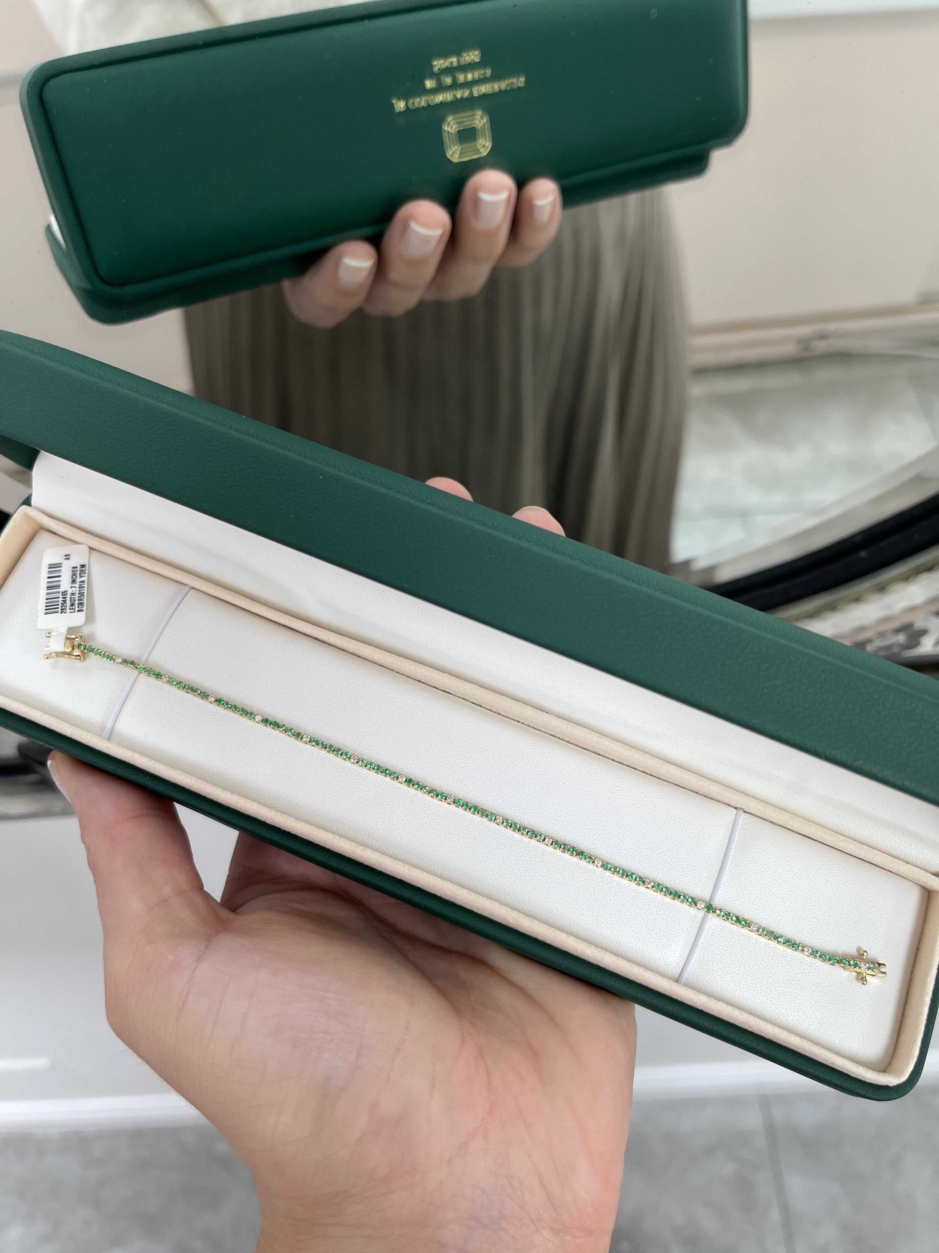 Petite 1.14tcw Emerald & Diamond Tennis Bracelet 14K Yellow Gold- 7 Inches - JR Colombian Emeralds