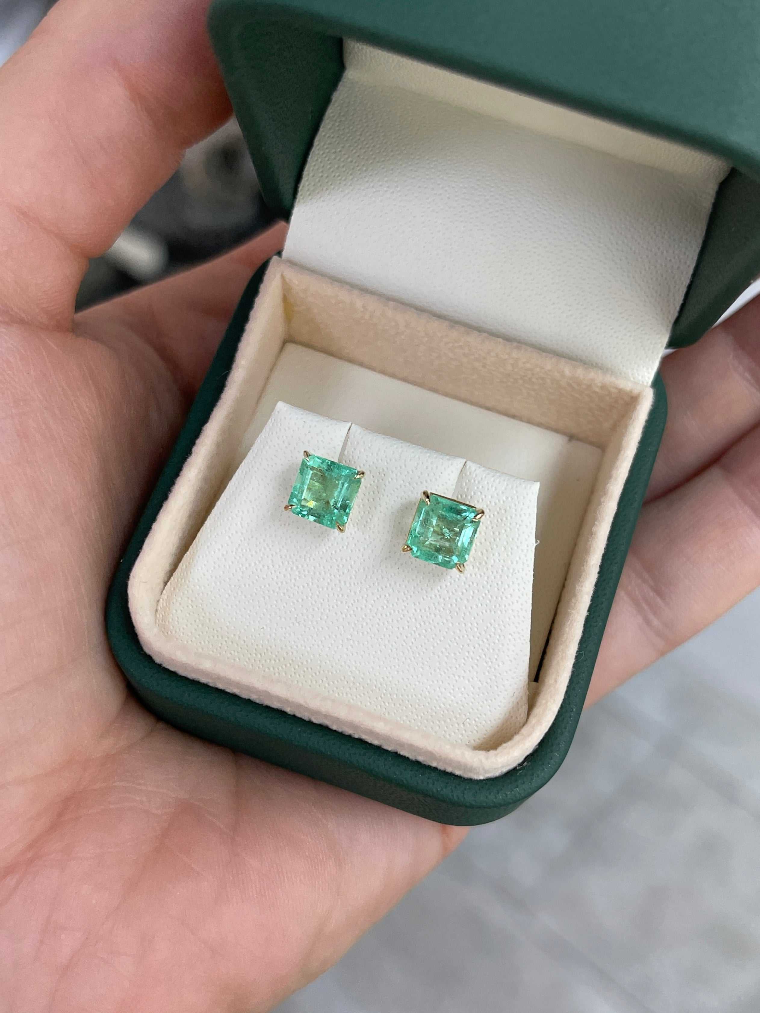 2.53tcw 6.5mm x 6.5mm 14K Colombian Emerald Asscher Cut Solitaire Stud Earring - JR Colombian Emeralds
