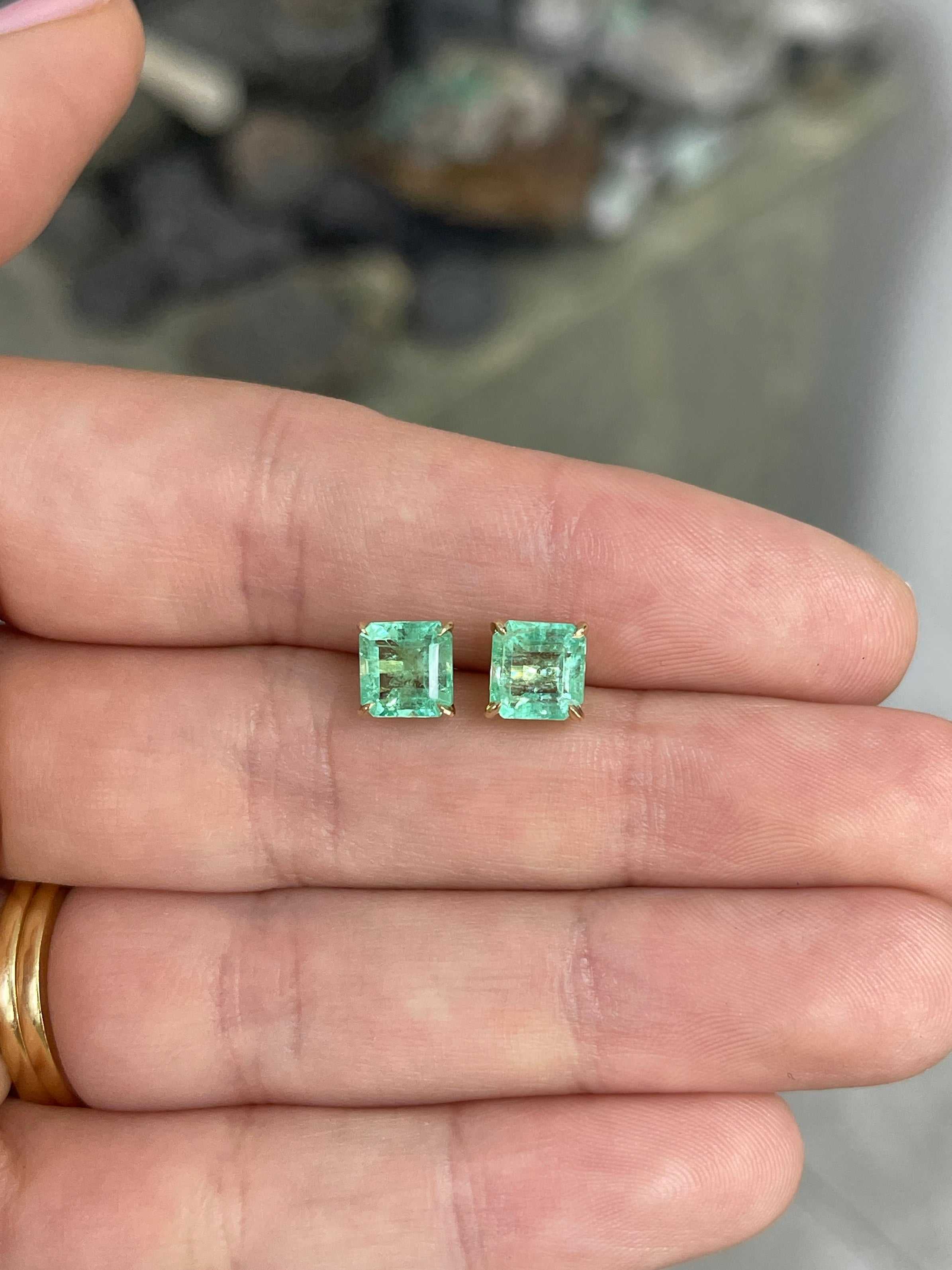 2.53tcw 6.5mm x 6.5mm 14K Colombian Emerald Asscher Cut Solitaire Stud Earring - JR Colombian Emeralds