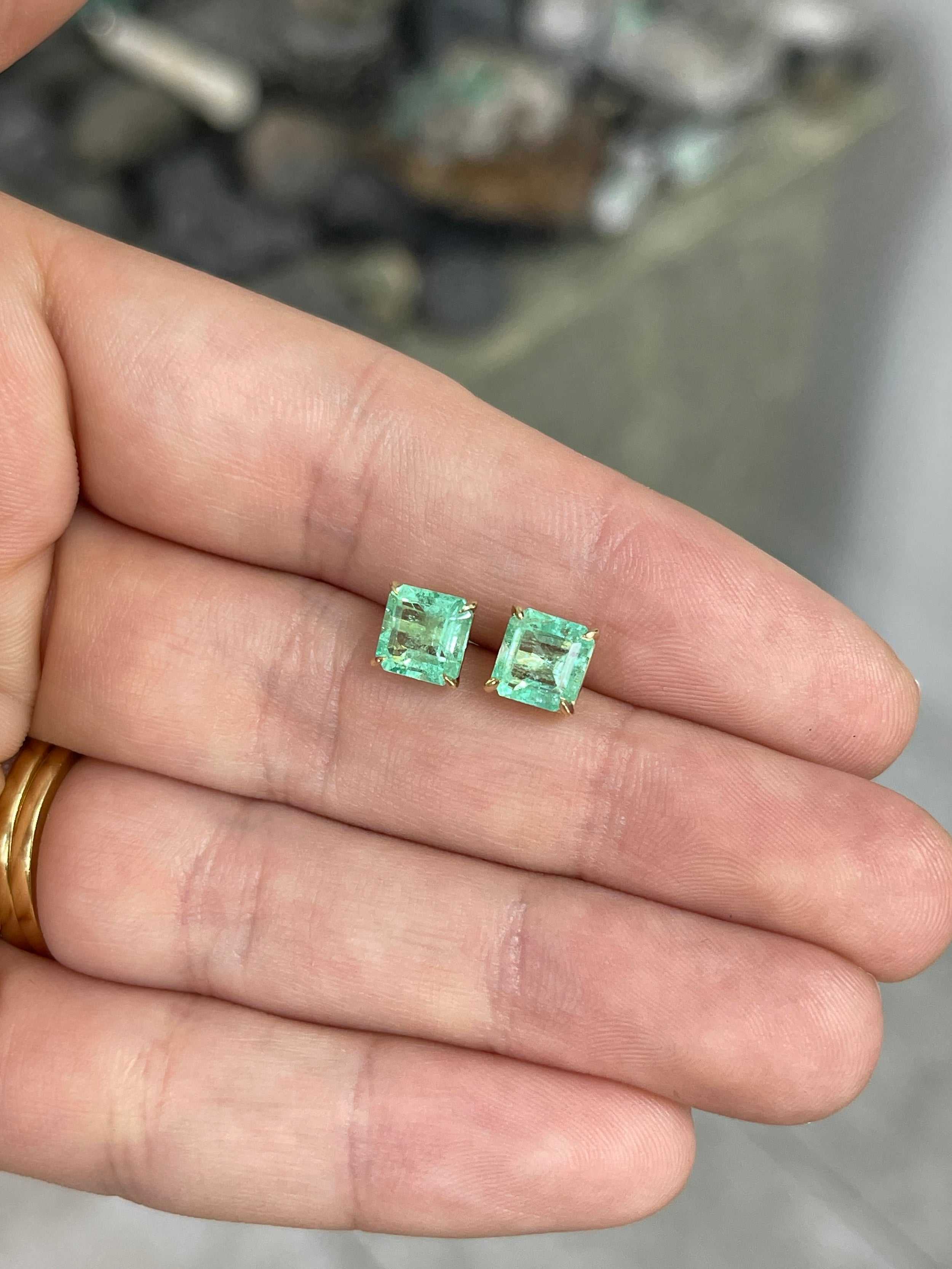 2.53tcw 6.5mm x 6.5mm 14K Colombian Emerald Asscher Cut Solitaire Stud Earring - JR Colombian Emeralds