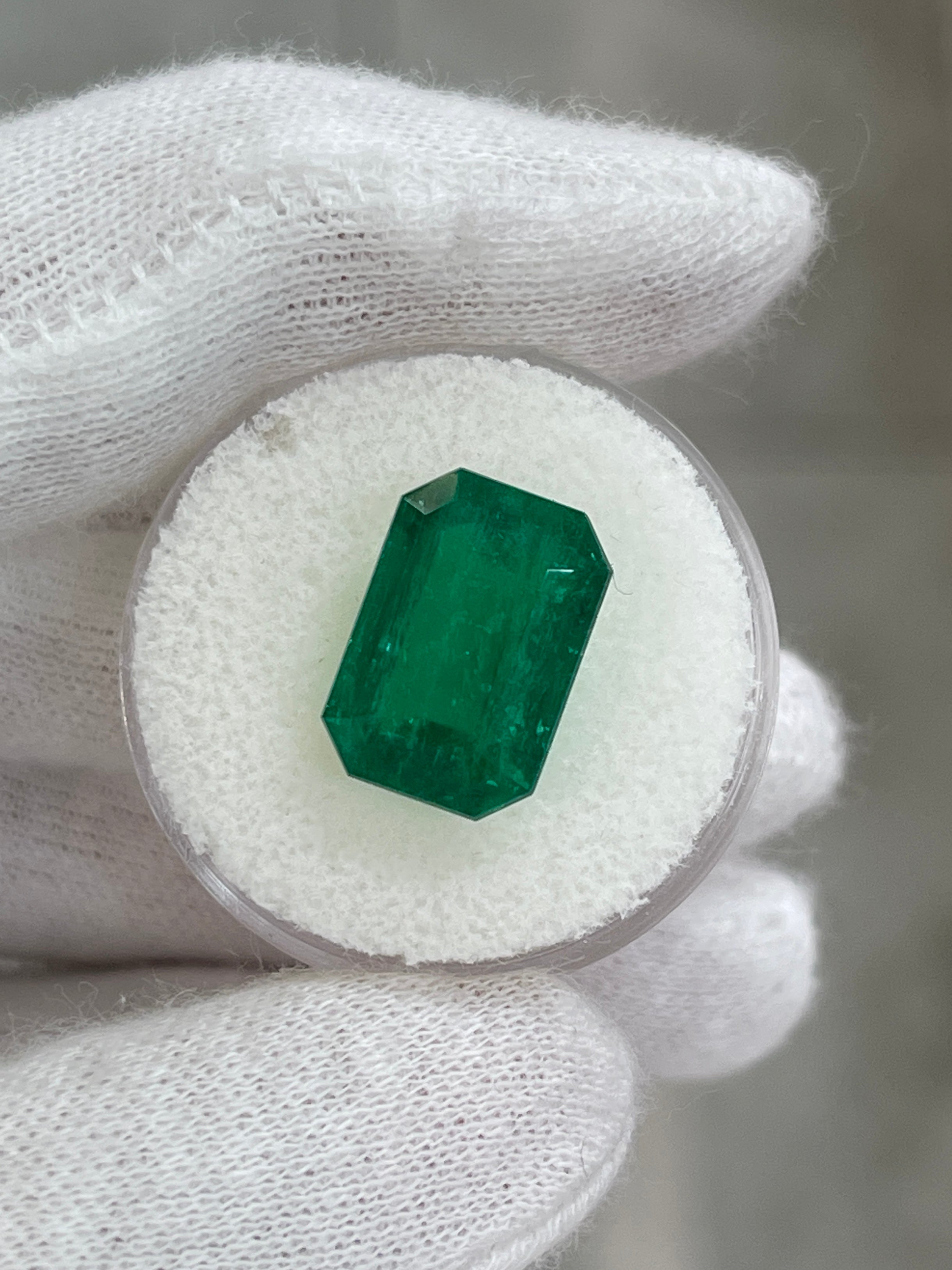 6.39-carat double-certified AAA+ Muzo green Colombian emerald cut loose gemstone by JR Colombian Emeralds.