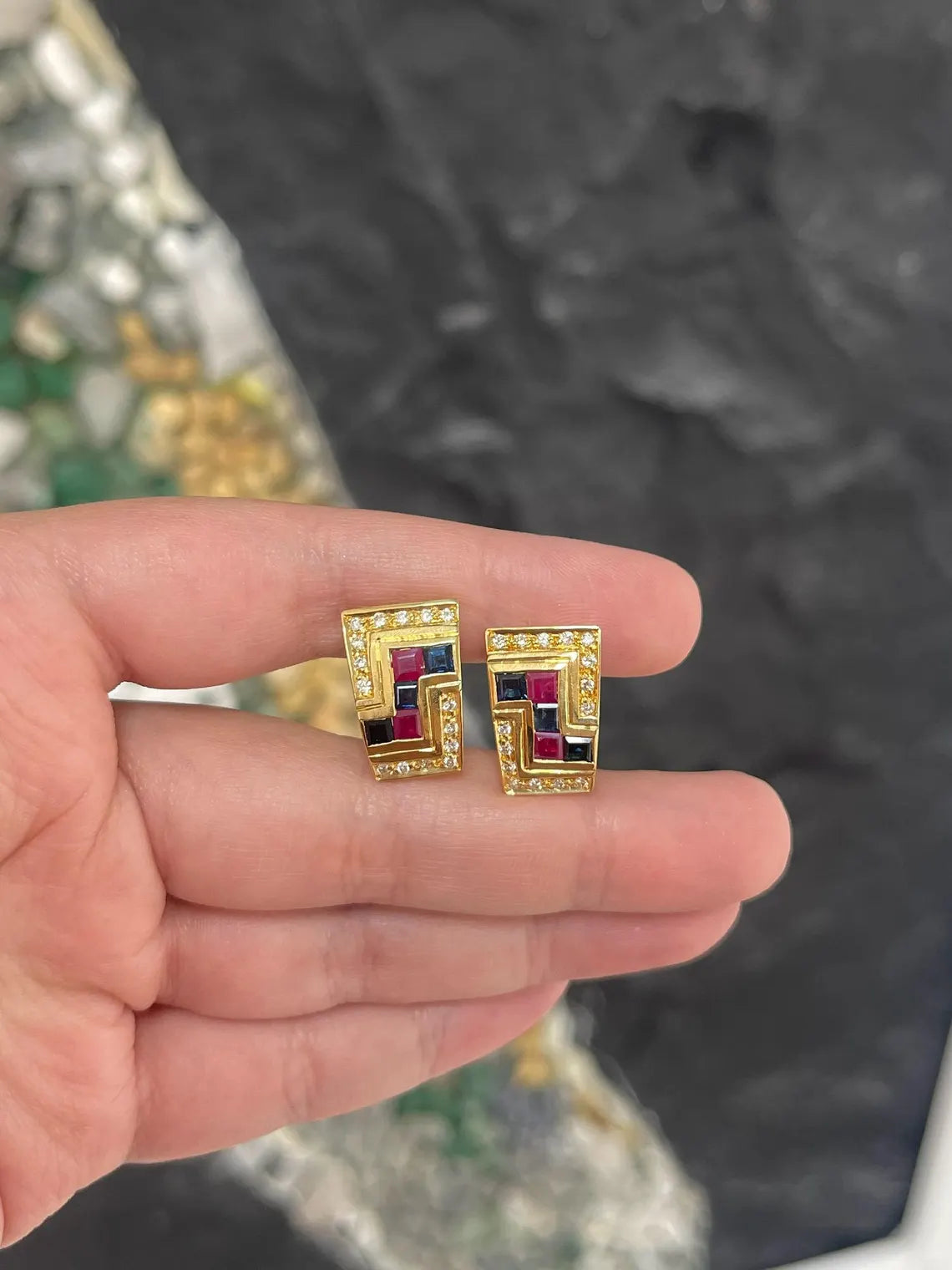 JR Colombian Emeralds sapphire and ruby diamond earrings with latch back closure, featuring 1.78 carats total weight and elegant design.