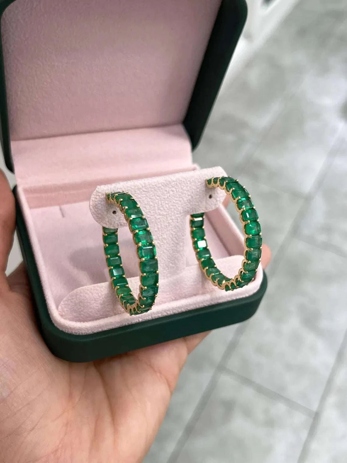 20.69ct Grand Natural Emerald Hoop Earrings Showcase East West Settings