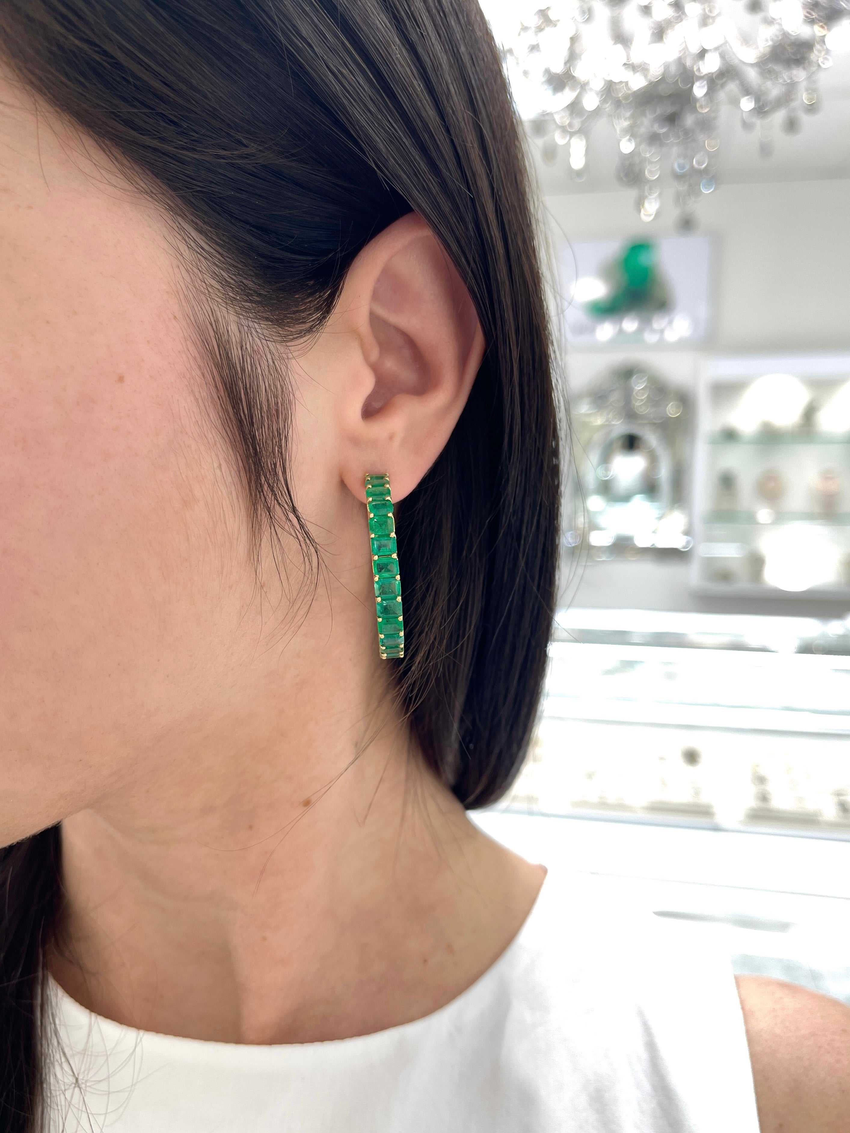 20.69ct Grand Natural Emerald Showcase East West Settings Hoop Earrings - JR Colombian Emeralds