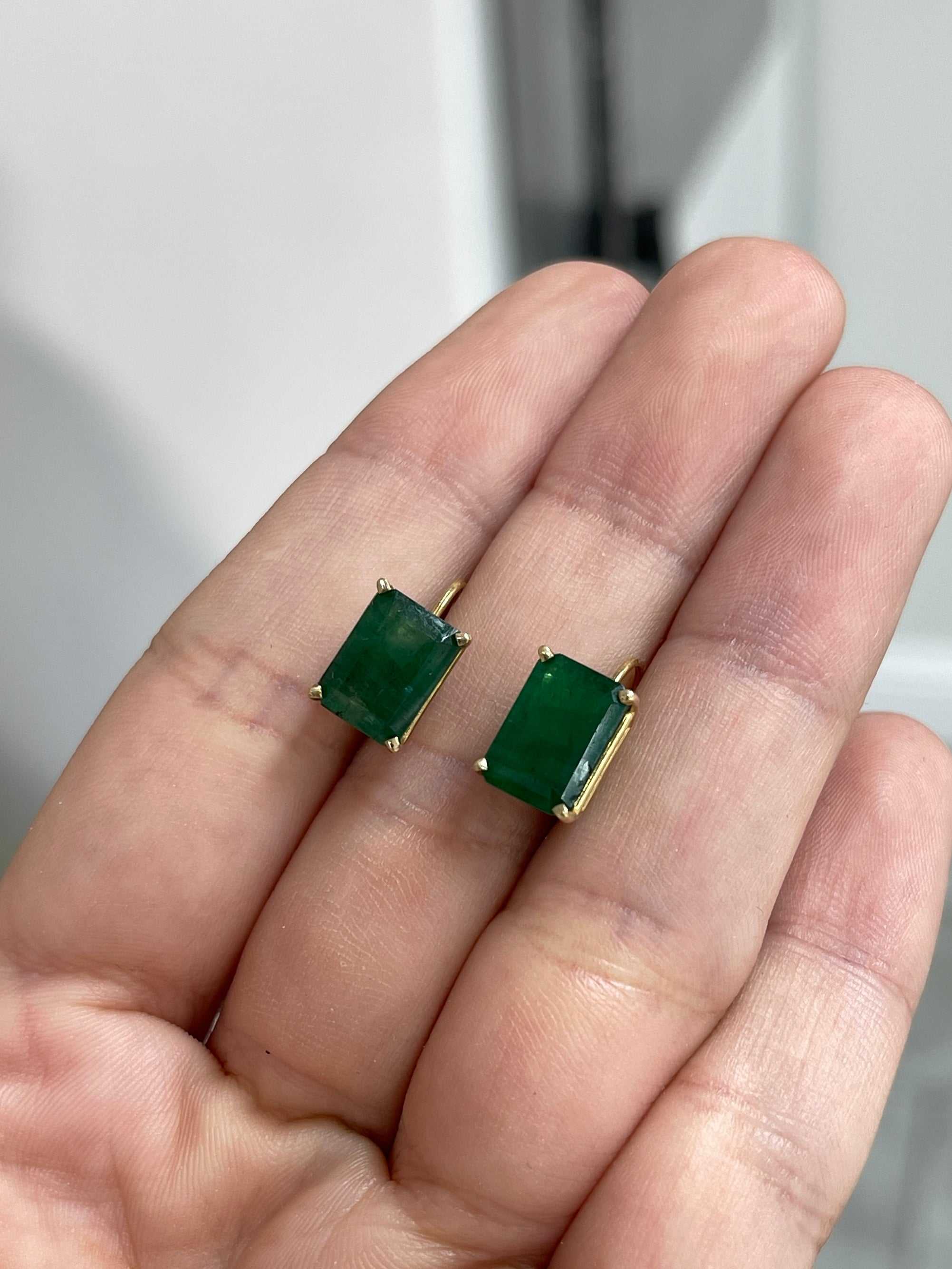 Dark green natural emerald lever-back dangle earrings showcasing 3.43tcw from JR Colombian Emeralds in 14K gold.