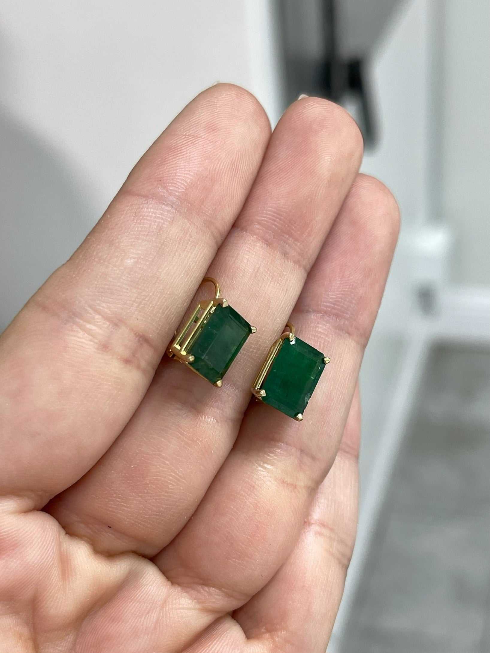 Dark green natural emerald lever-back dangle earrings by JR Colombian Emeralds, featuring 3.43 carats in 14K gold.