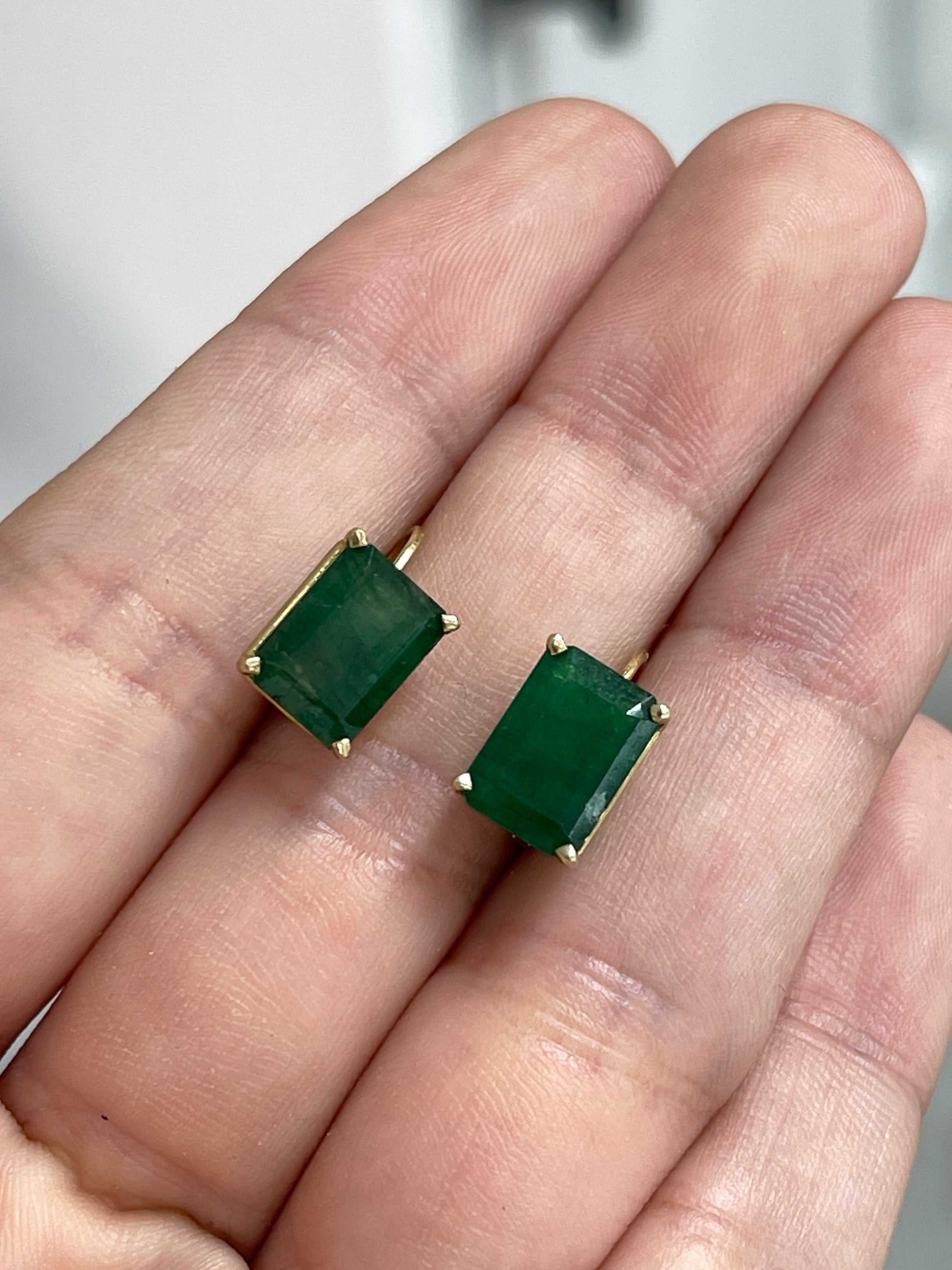 Dark green natural emerald dangle earrings with lever back clasps, 3.43tcw, crafted by JR Colombian Emeralds in 14K gold.