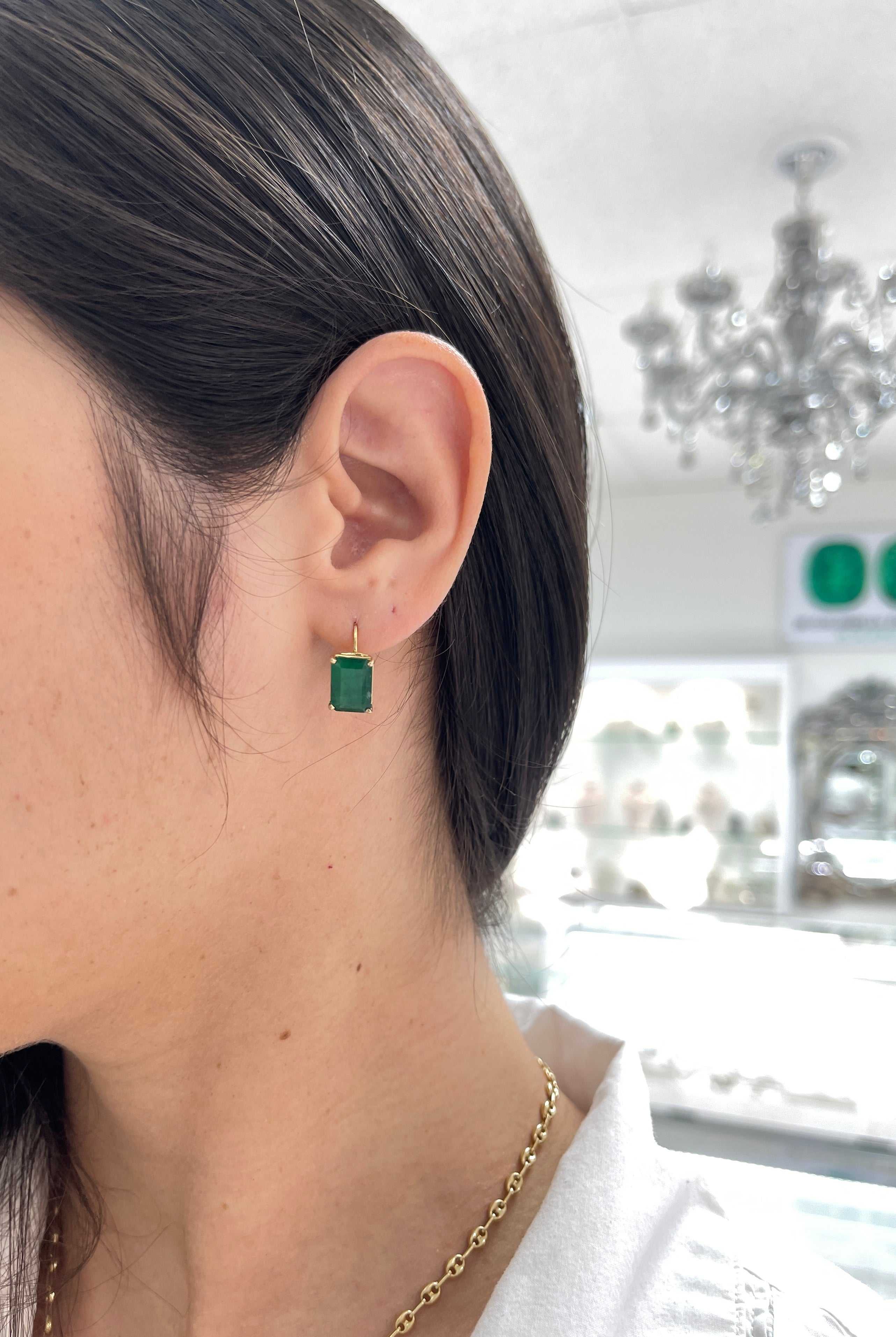 Dark green natural emerald lever-back dangle earrings from JR Colombian Emeralds, 14K gold, 3.43 carats, elegant jewelry.