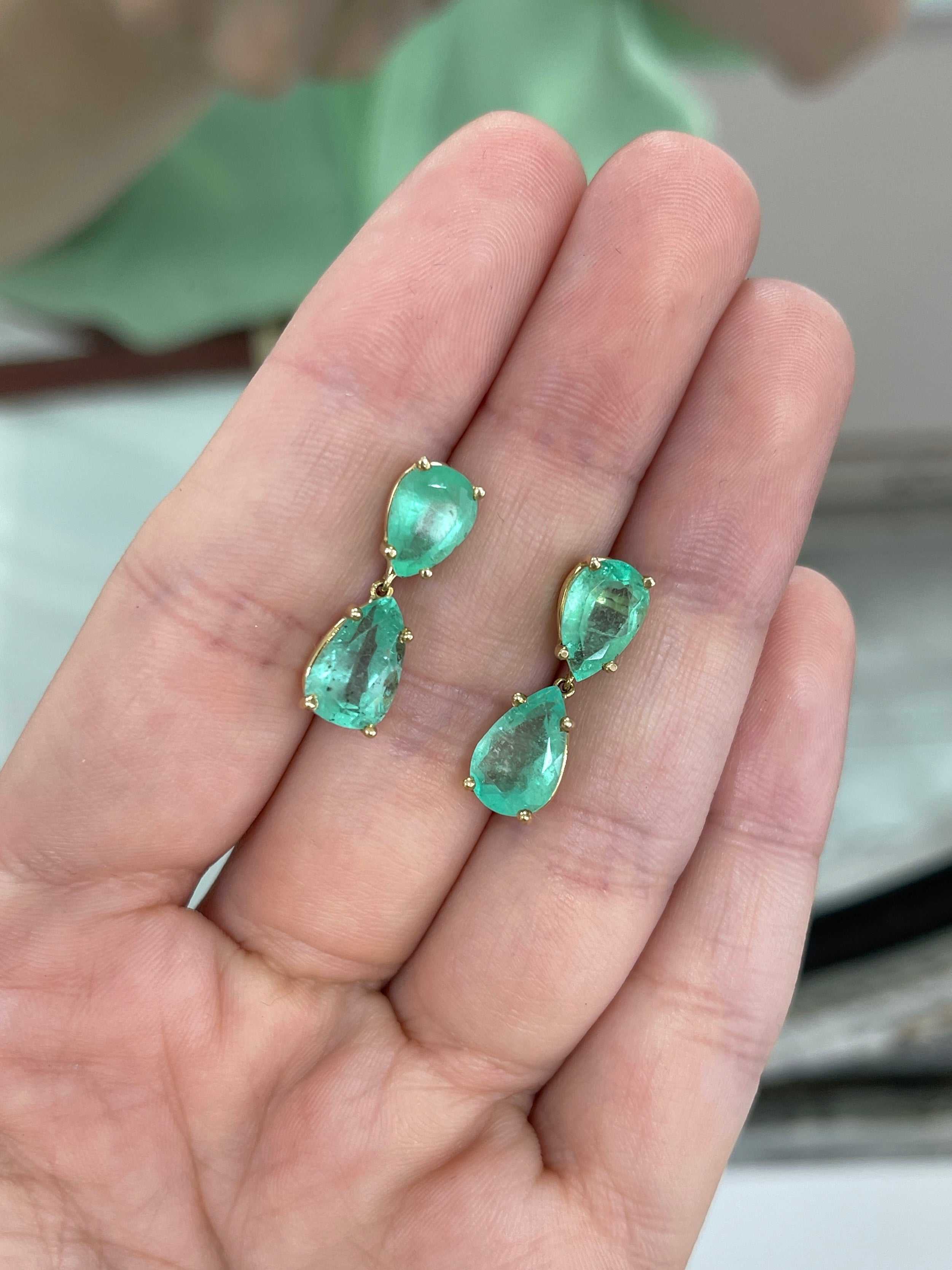 Natural Colombian emerald teardrop dangle earrings in 14K gold by JR Colombian Emeralds, showcasing vibrant green gemstones.