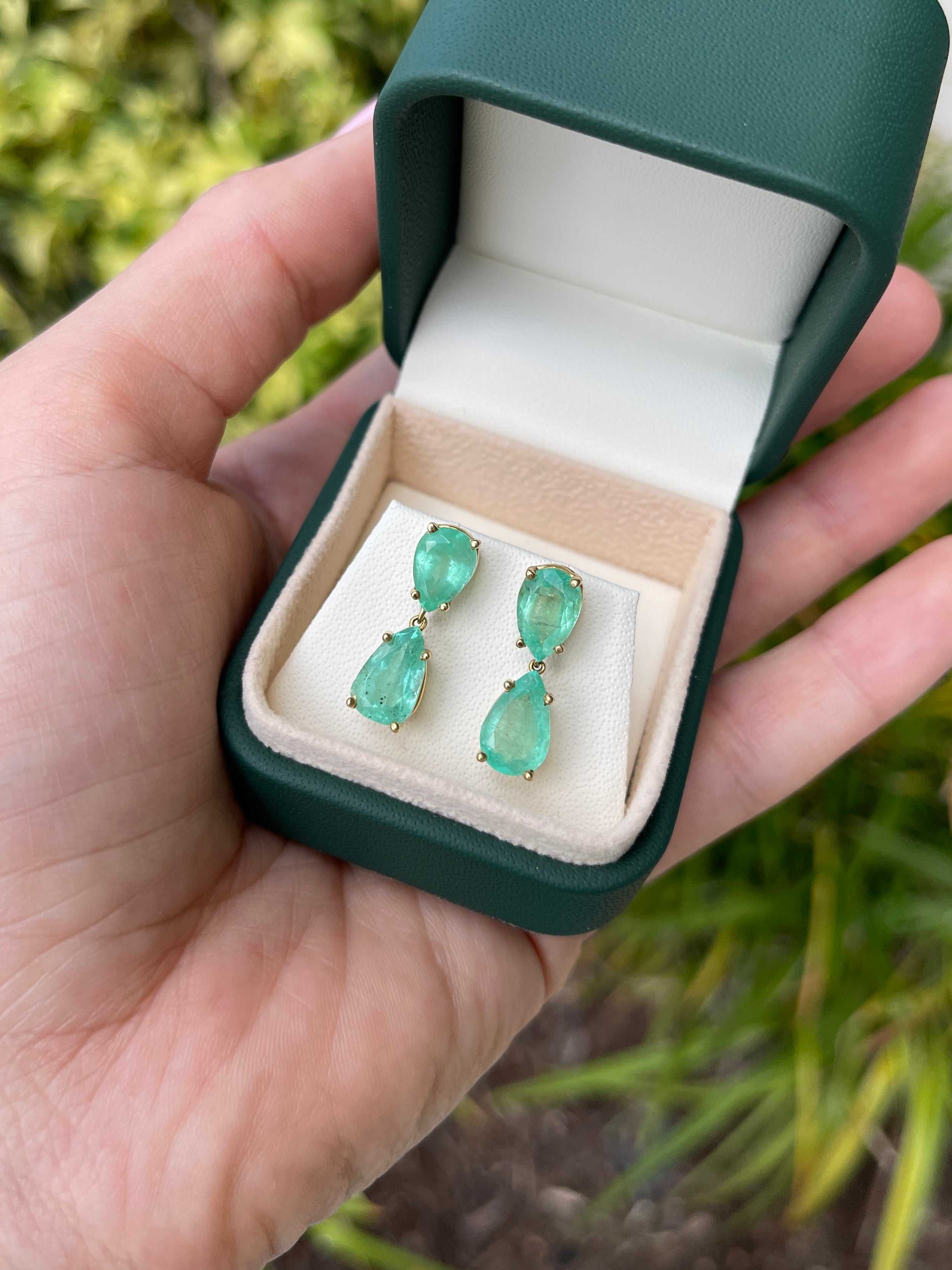 Teardrop natural Colombian emerald dangle earrings by JR Colombian Emeralds, set in 14K gold with 7.54tcw emeralds.