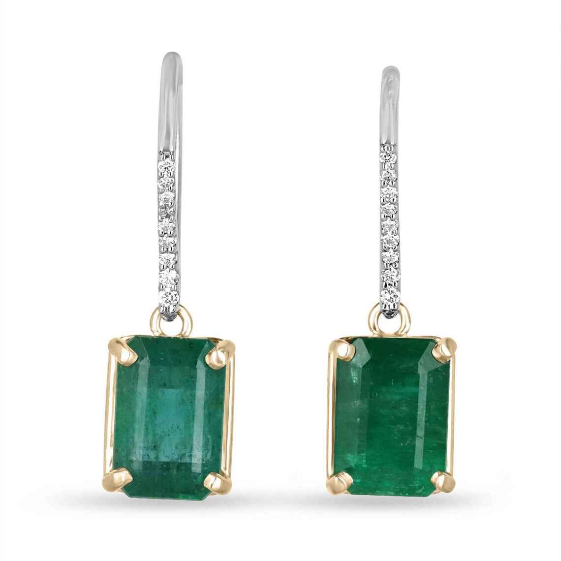 JR Colombian Emeralds earrings with 8.32tcw emerald dangles, feature diamonds, and leverback hooks on a white background.