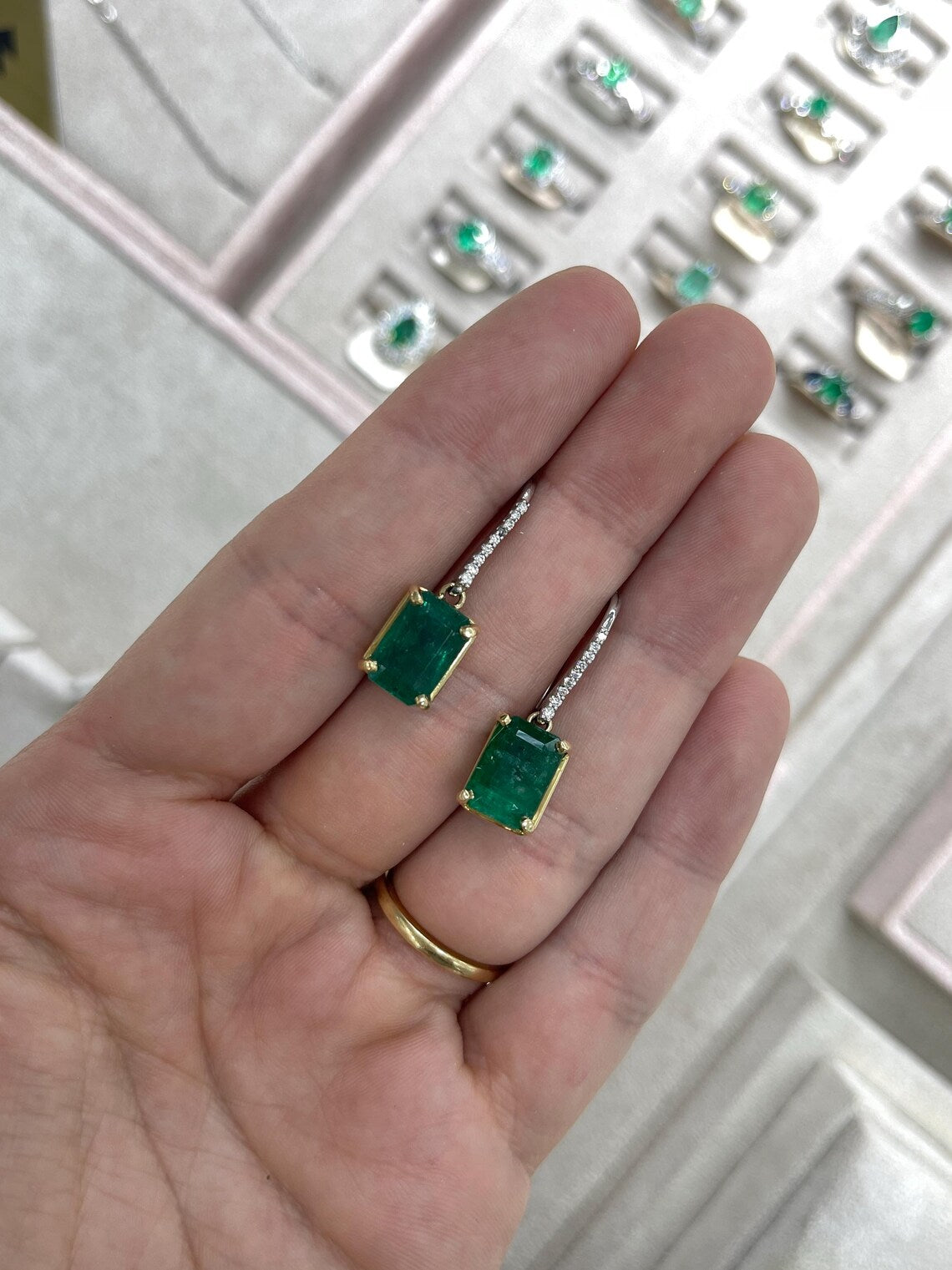 JR Colombian Emeralds earrings with 8.32tcw emerald dangle feature diamonds and leverback hooks, showcasing elegant gemstone design.