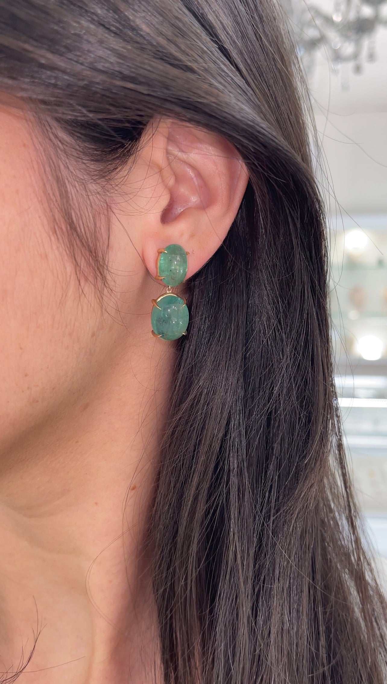 JR Colombian Emeralds dangle earrings with large natural cabochon emeralds, 14K gold, featuring heirloom-quality, vibrant green stones.