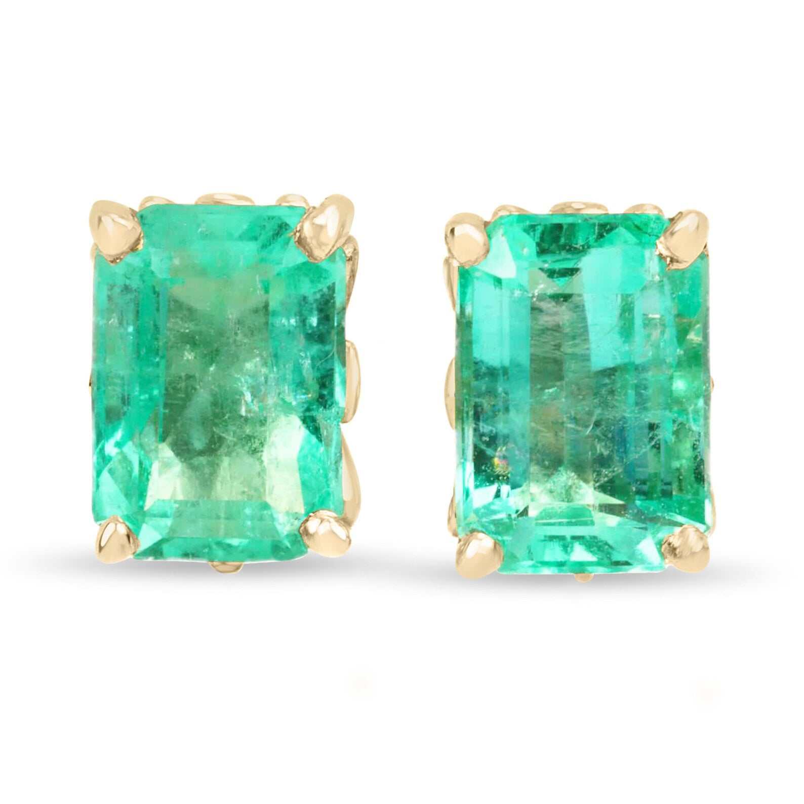 Trendy Fleur De Lis emerald cut Colombian emerald stud earrings in 14K gold with 1.50tcw, by JR Colombian Emeralds