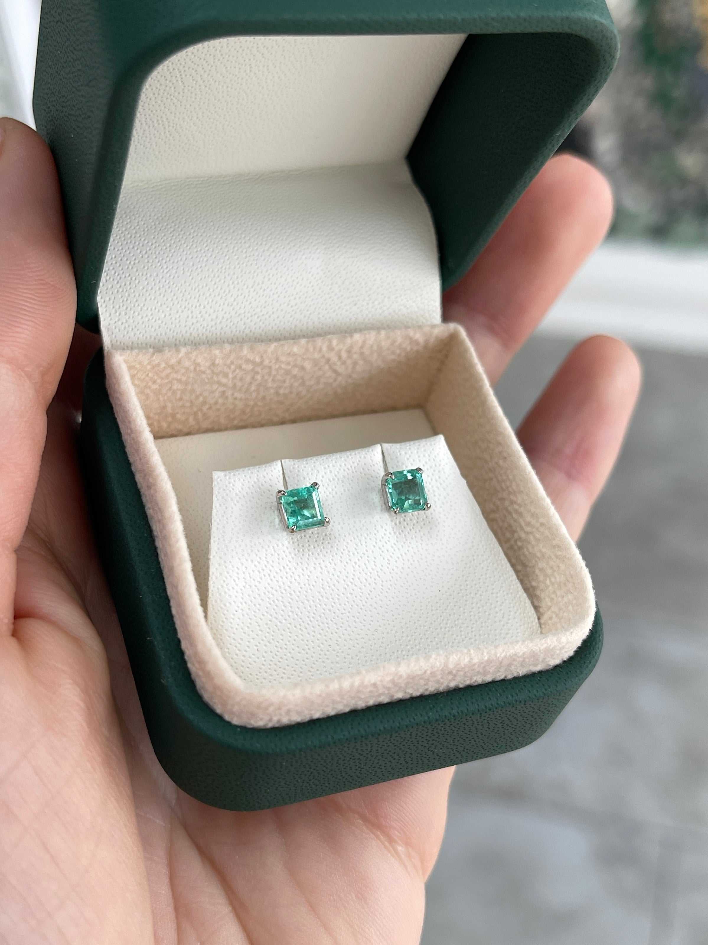 1.0tcw Petite Asscher Medium Bright Real Emerald Stud Earrings 14K - JR Colombian Emeralds