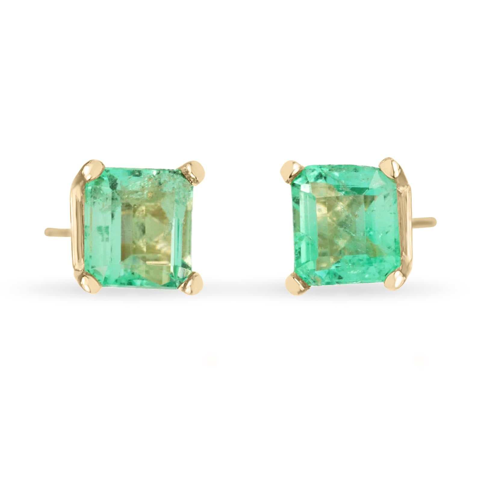 Pair of 0.80tcw rich green natural emerald emerald-cut stud earrings set in 14K gold for everyday wear