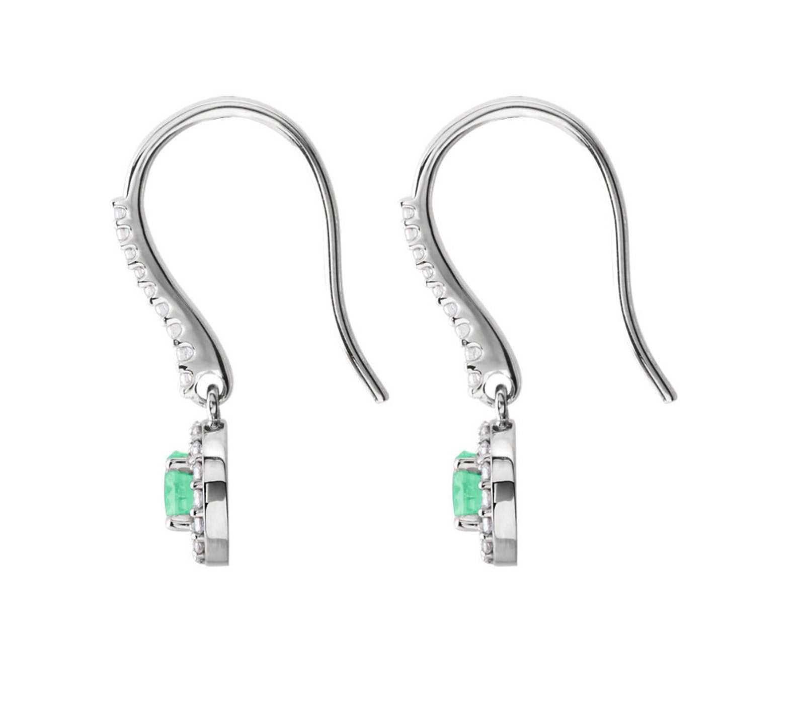 1.20tcw Diamond Halo-Style Round genuine Emerald French Hook Dangle Ea