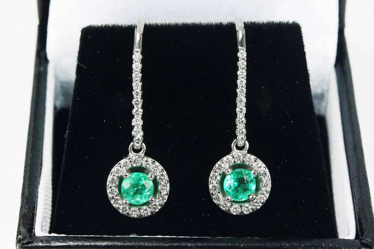 1.20tcw Diamond Halo-Style Round genuine Emerald French Hook Dangle Ea