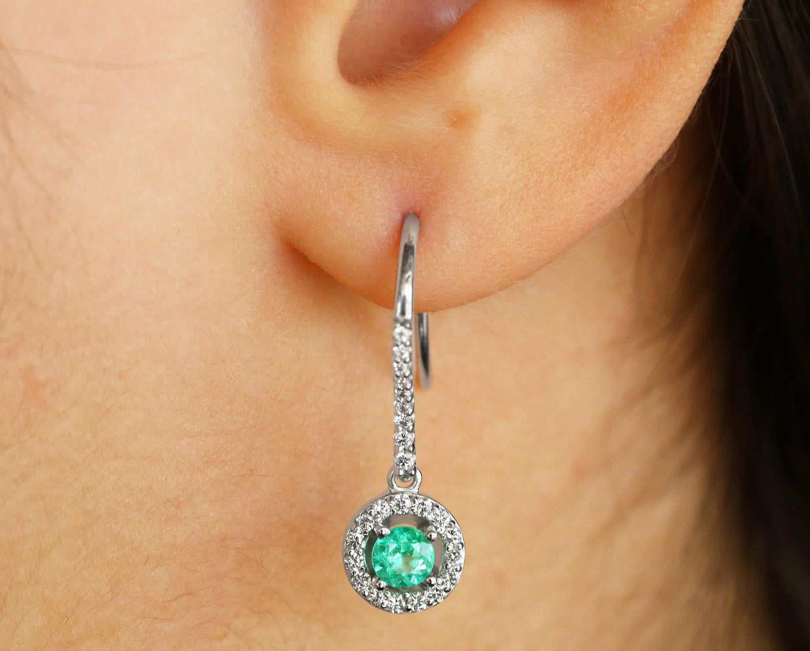 1.20tcw Diamond Halo-Style Round genuine Emerald French Hook Dangle Ea