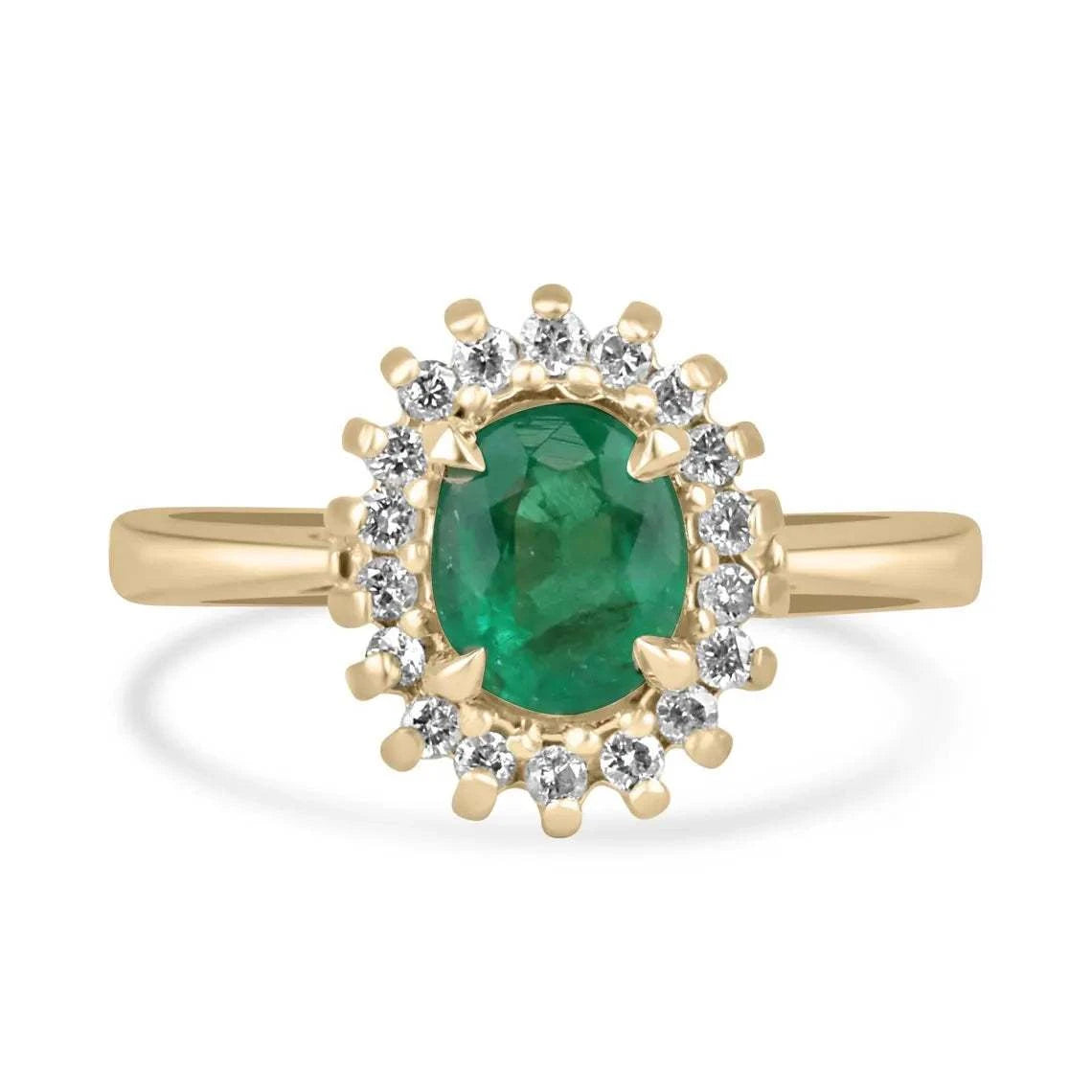 14k yellow gold engagement ring with vivid green oval emerald and diamond halo sparkle