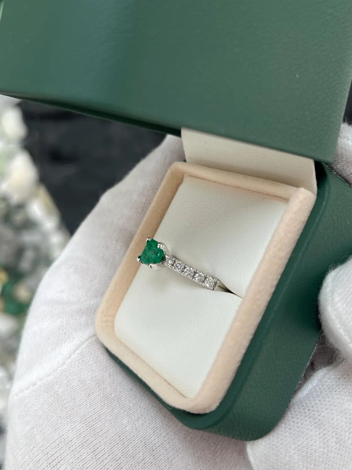 1.50Tcw Rich Green Asscher Emerald Sparkles With Diamond Accent Shine Engagement Ring - JR Colombian Emeralds