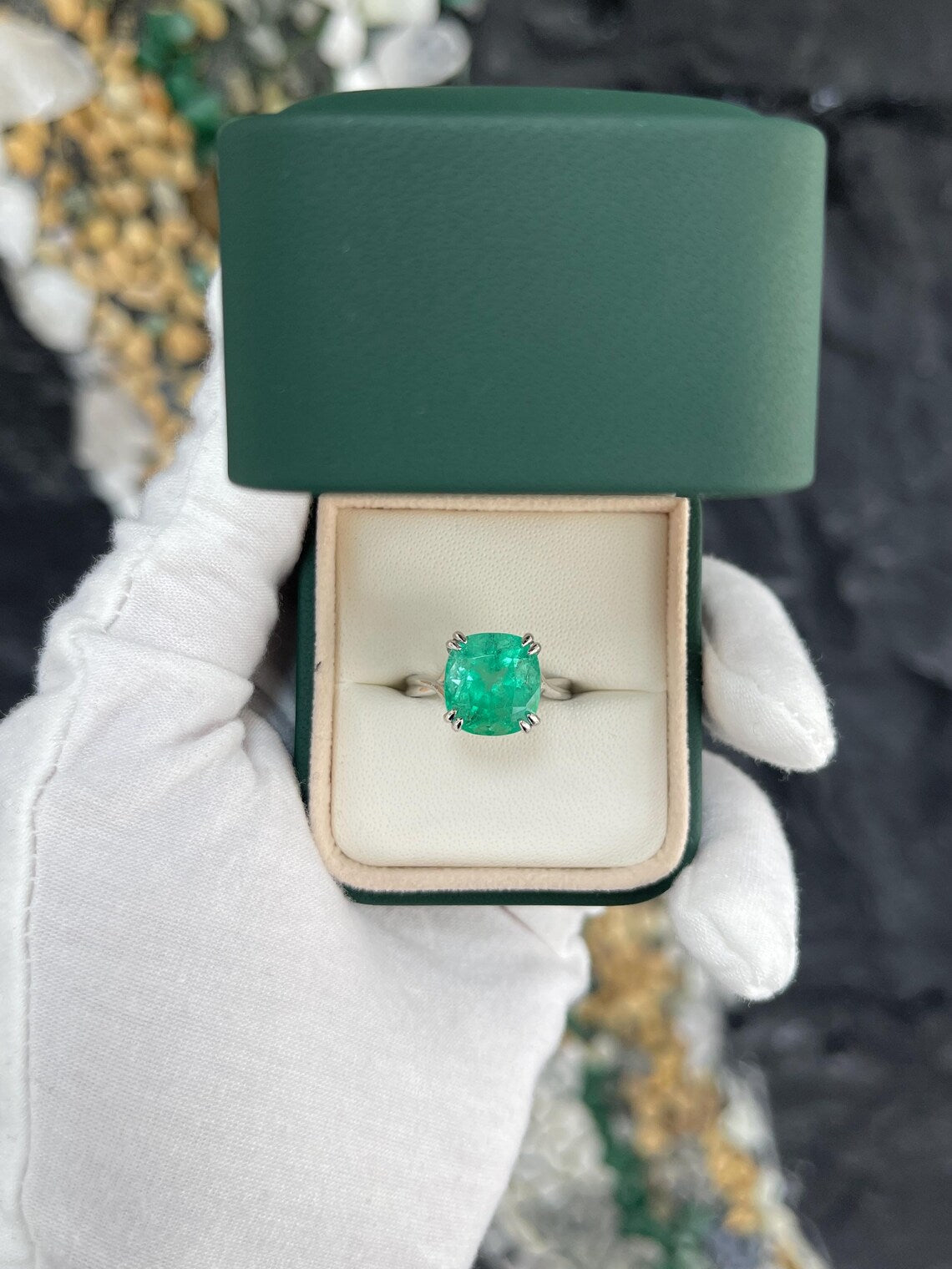 7.49ct Cushion Cut Colombian Emerald Creates Striking Solitaire Statement