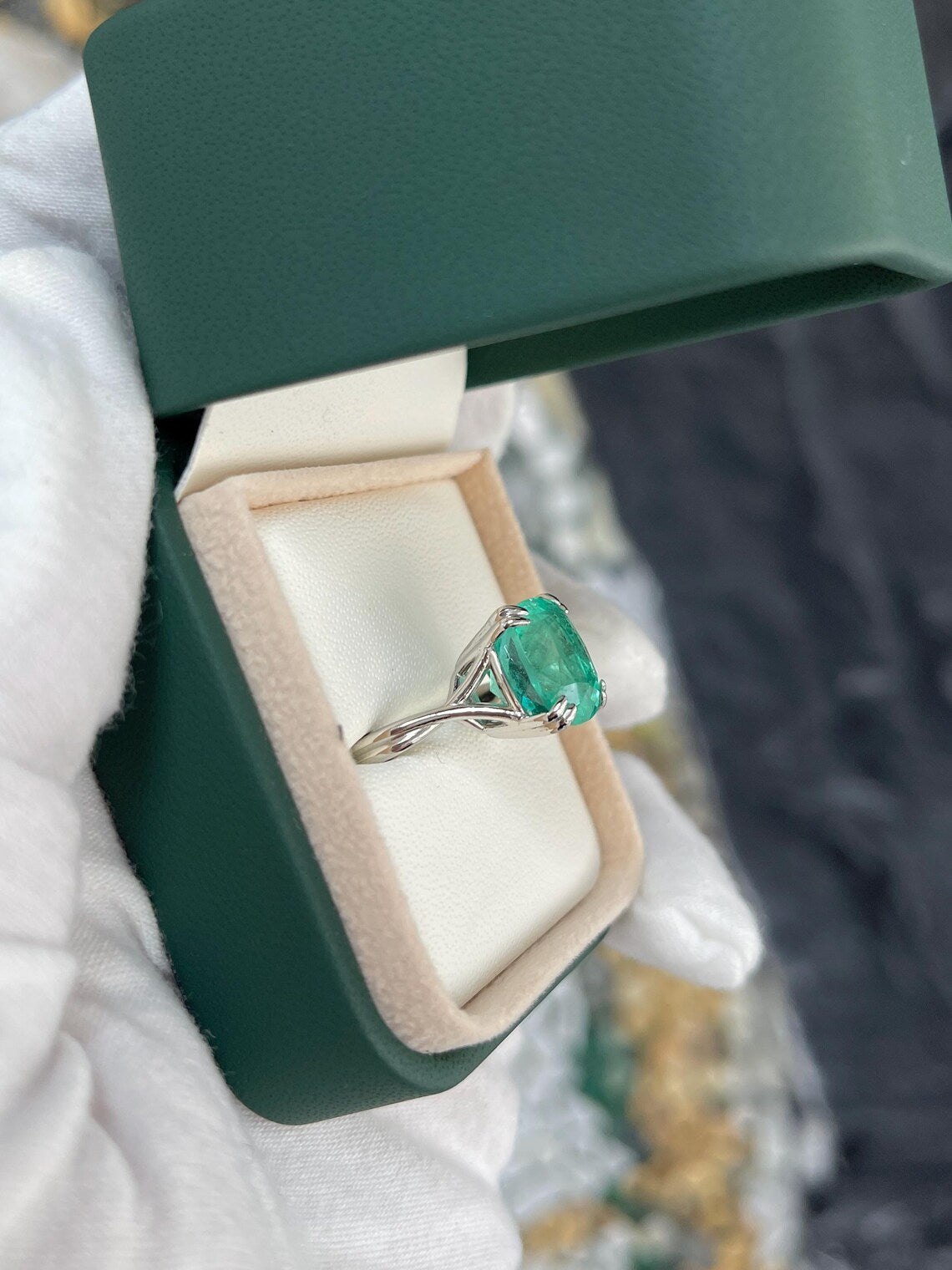 7.49ct Cushion Cut Colombian Emerald Creates Striking Solitaire Statement