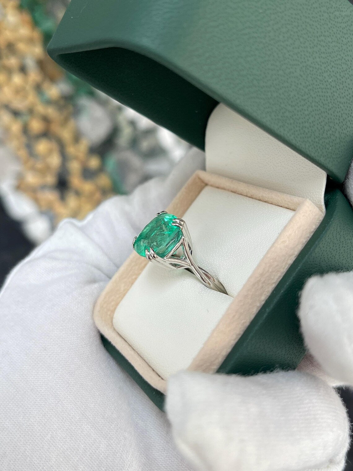 7.49ct Cushion Cut Colombian Emerald Creates Striking Solitaire Statement