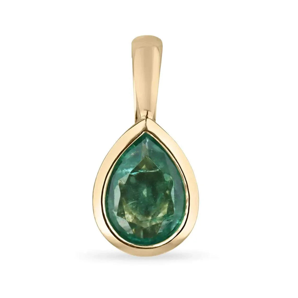 JR Colombian Emeralds 1.0ct bezel set natural emerald pear pendant necklace in 14K gold, showcasing a vibrant green gemstone.