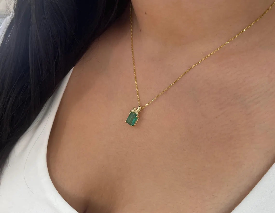 2.61ct Natural Emerald Cut Green Emerald Floral Pendant Necklace