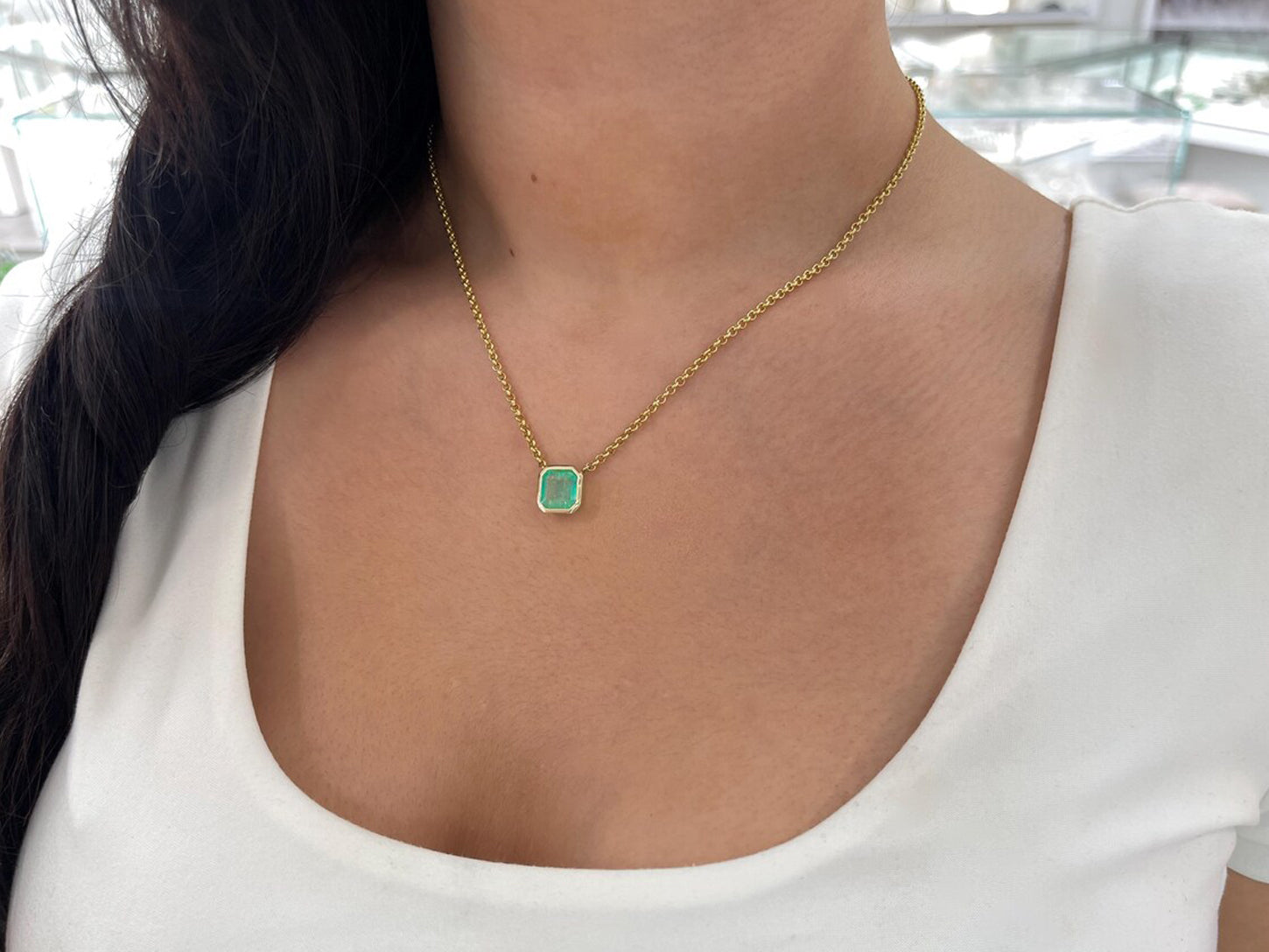 3.22 Carat Natural Colombian Emerald Asscher Cut Bezel Necklace 14K