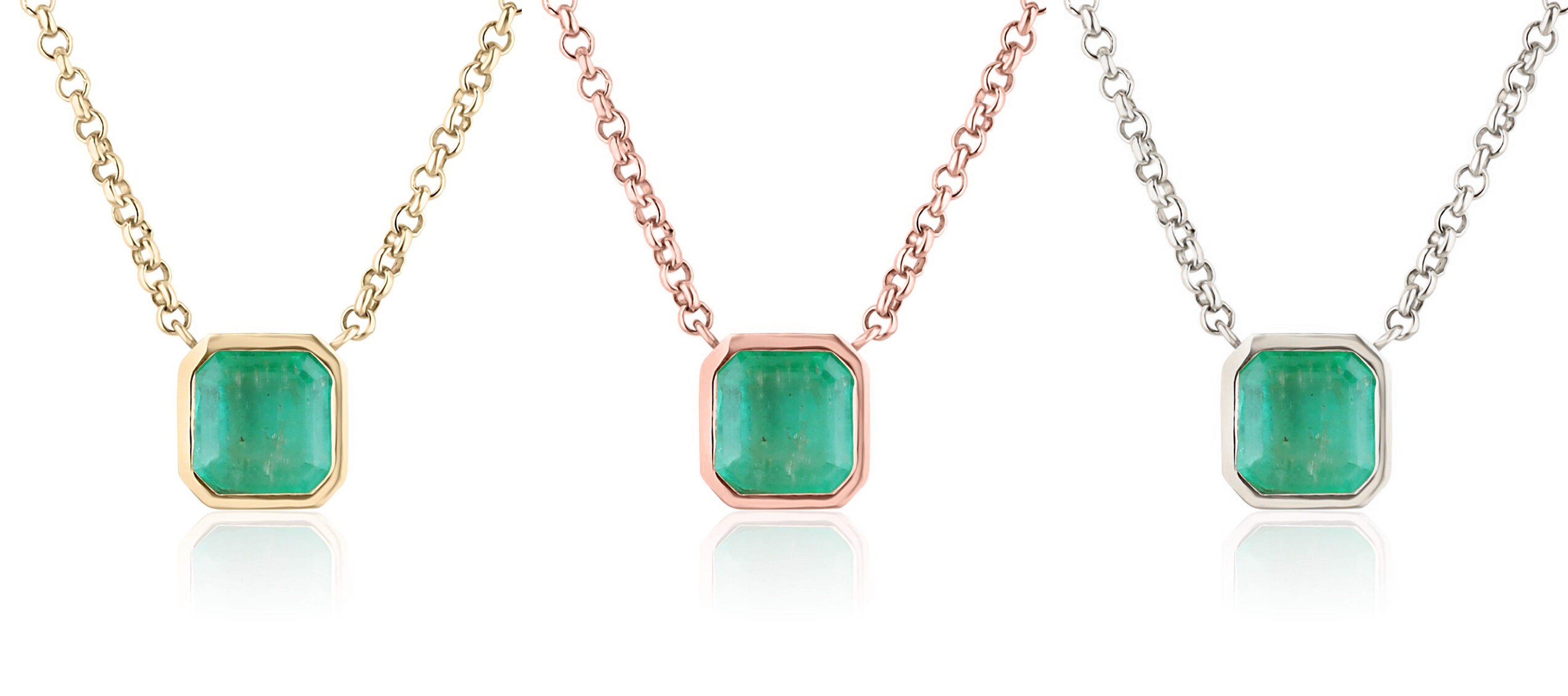 3.22 Carat Natural Colombian Emerald Asscher Cut Bezel Necklace 14K - JR Colombian Emeralds
