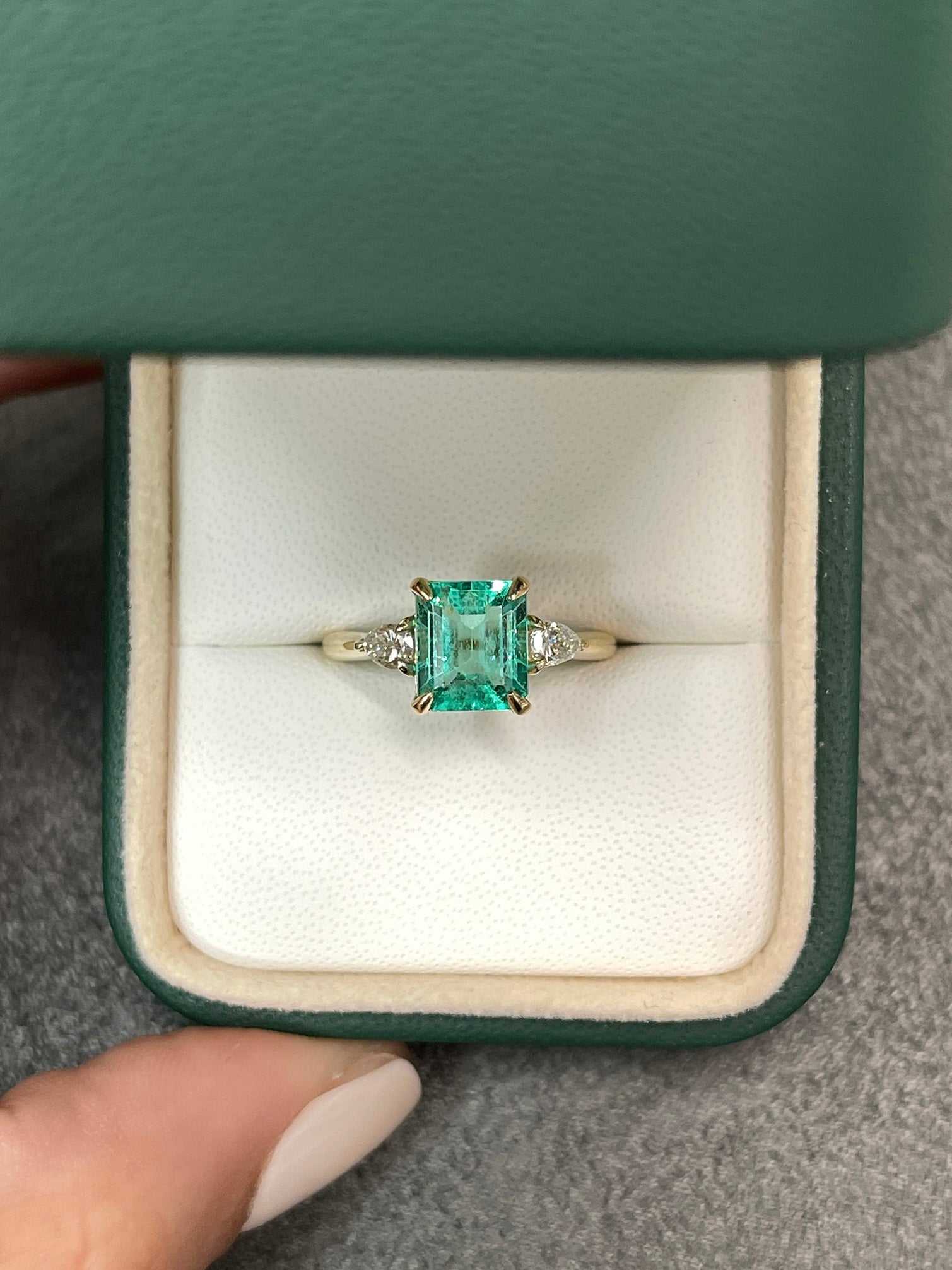 2.11tcw Three Stone Asscher Emerald & Pear Diamond Engagement Ring 14K