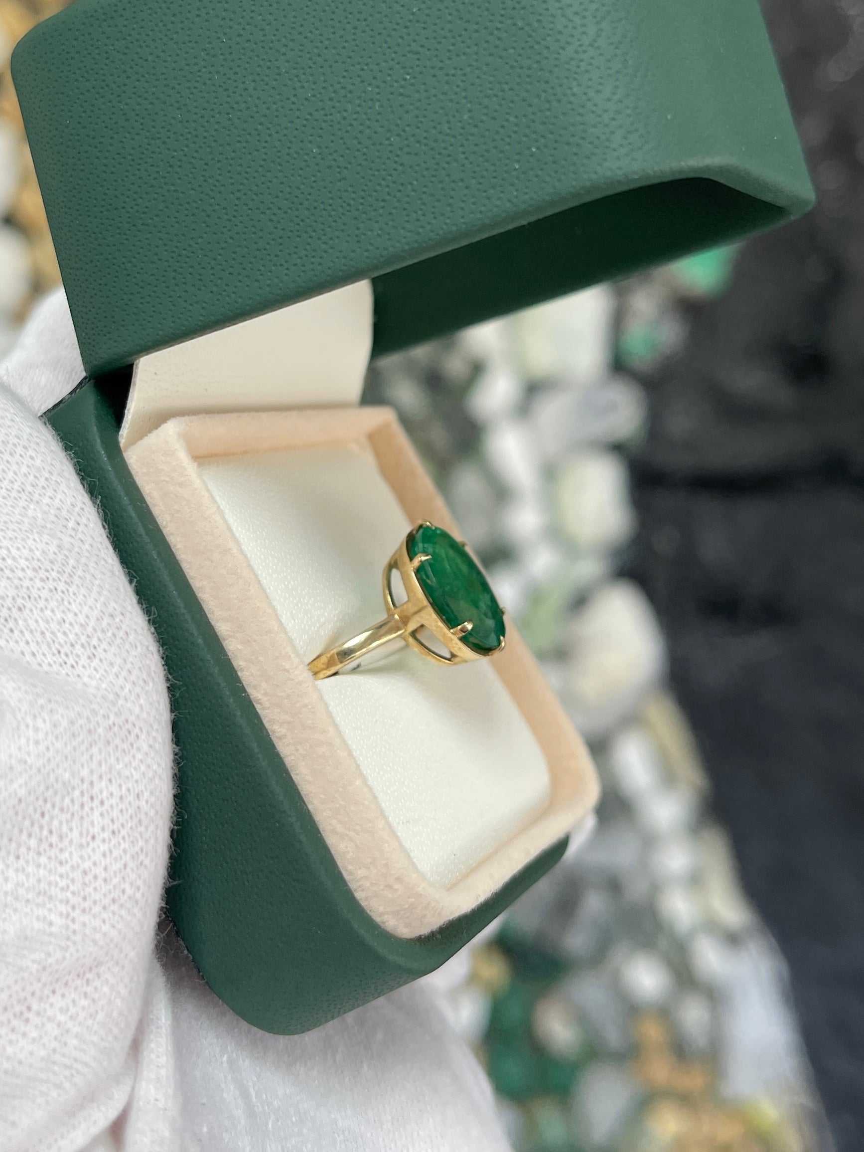 4.39 Carat 14K Oval Dark Rare Rich Green Emerald Solitaire Ring 14K