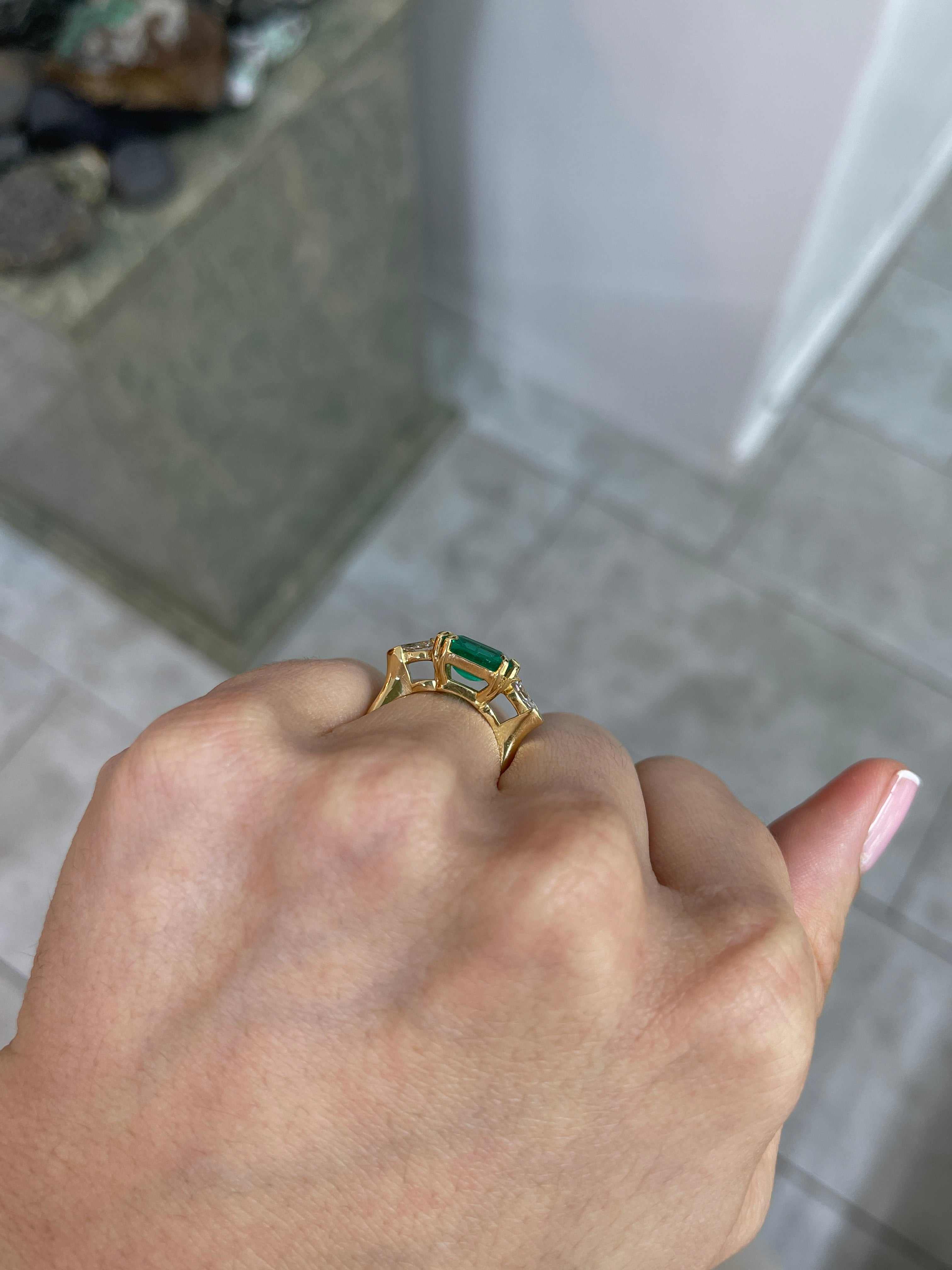 4.56tcw 18K GIA MINOR OIL Three Stone Emerald & Pear Diamond Ring - JR Colombian Emeralds